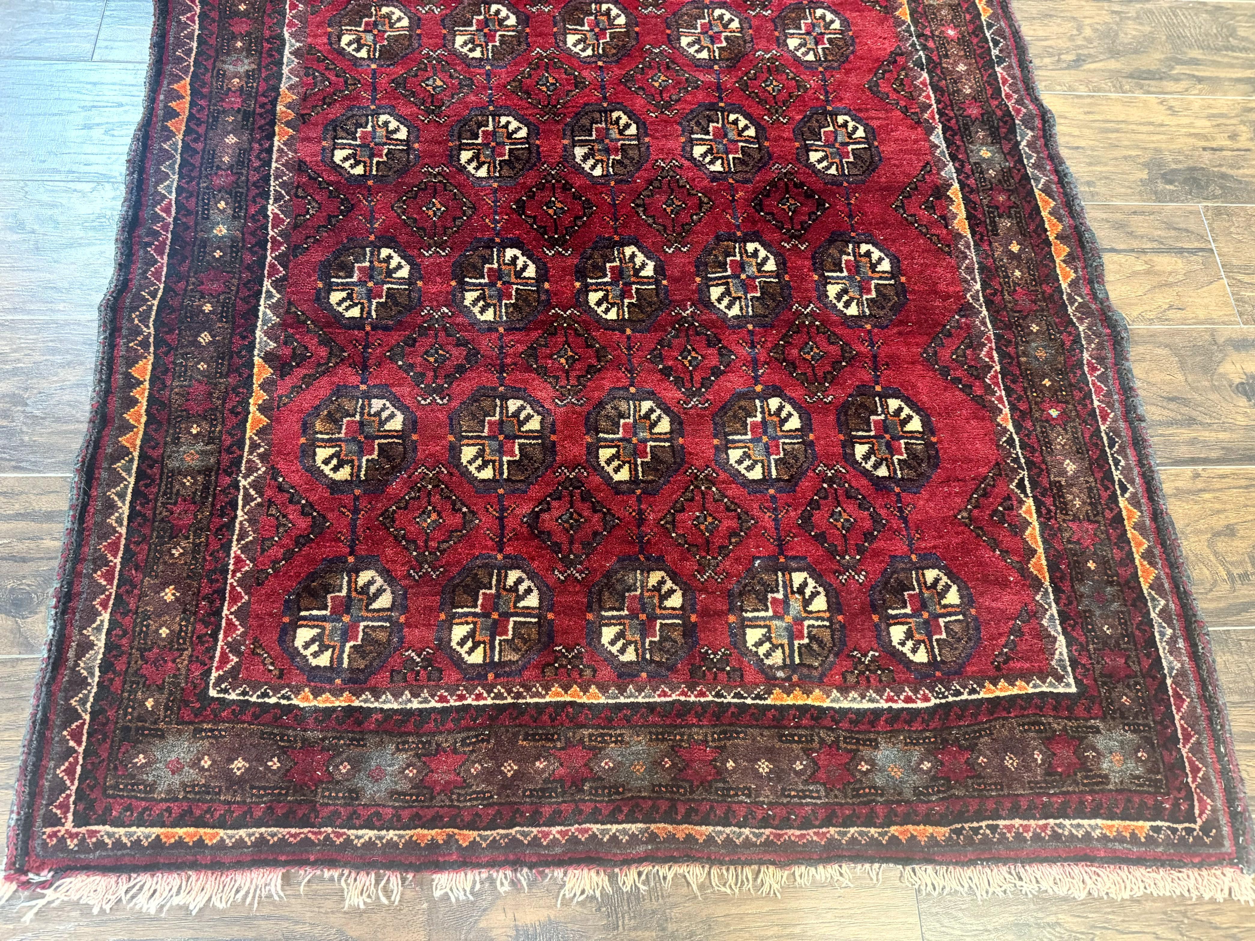 Persian Turkoman Tribal Rug 4x8, Handmade Vintage Wool Carpet, Red, Bohemian Rug - Jewel Rugs