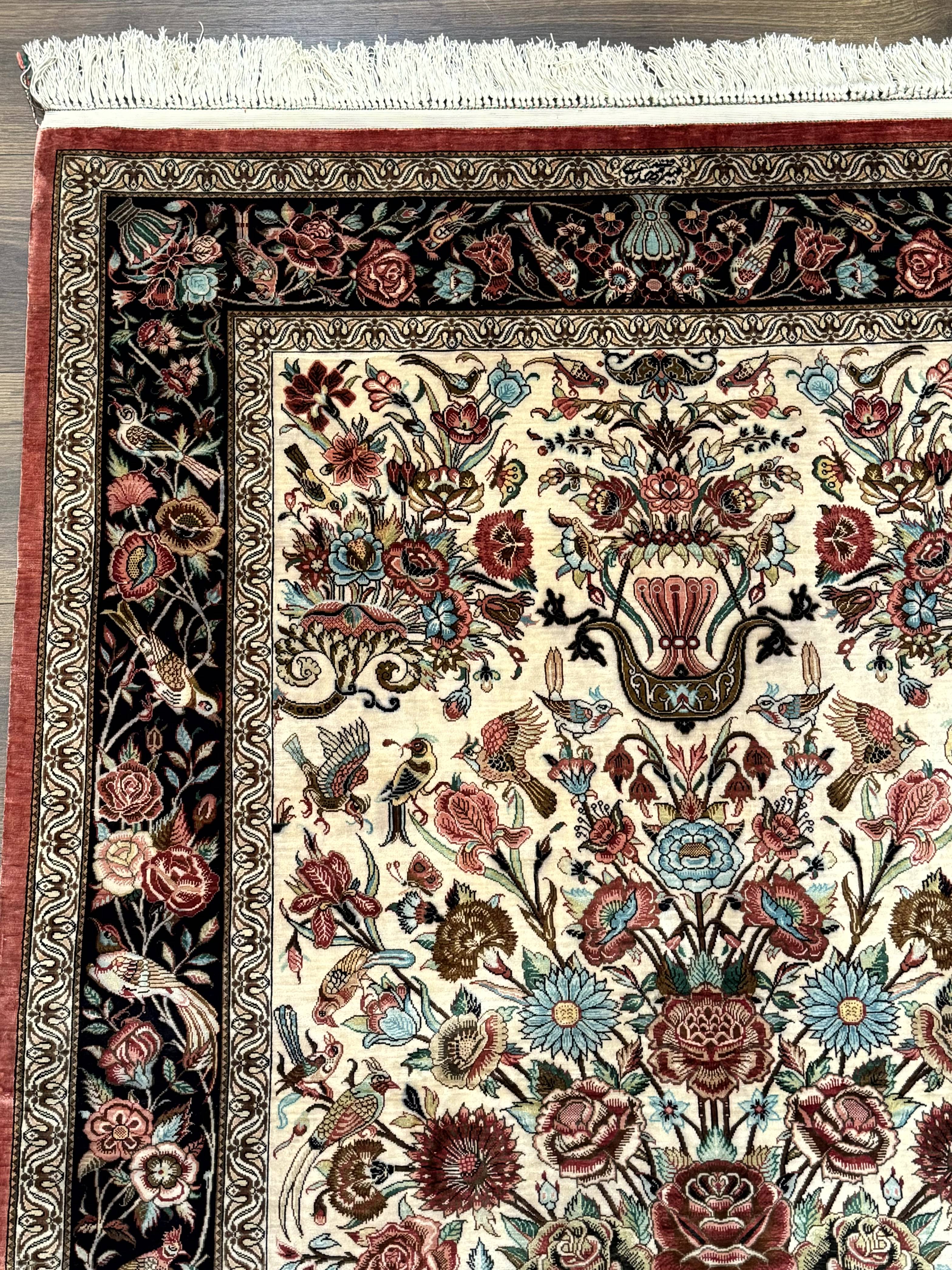 Marvelous Persian Qum Silk Rug 3x5, Exceptionally Fine 650 KPSI, Persian Vase & Birds, Signed Mir Mehdi, Rare - Jewel Rugs