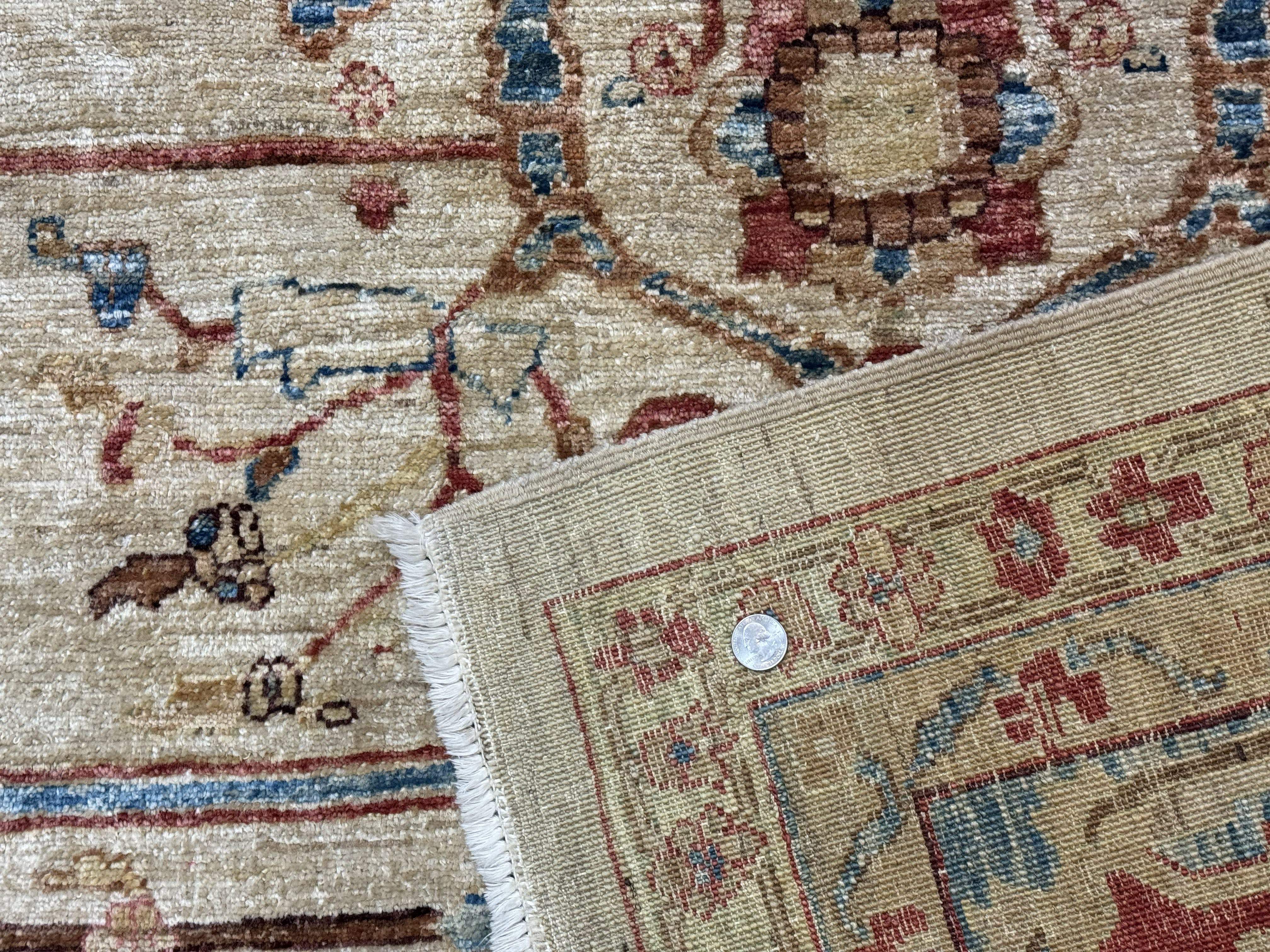 Pakistani Peshawar Rug 10x12 – Tan and Blue, Hand-Knotted Wool Oushak Carpet - Jewel Rugs