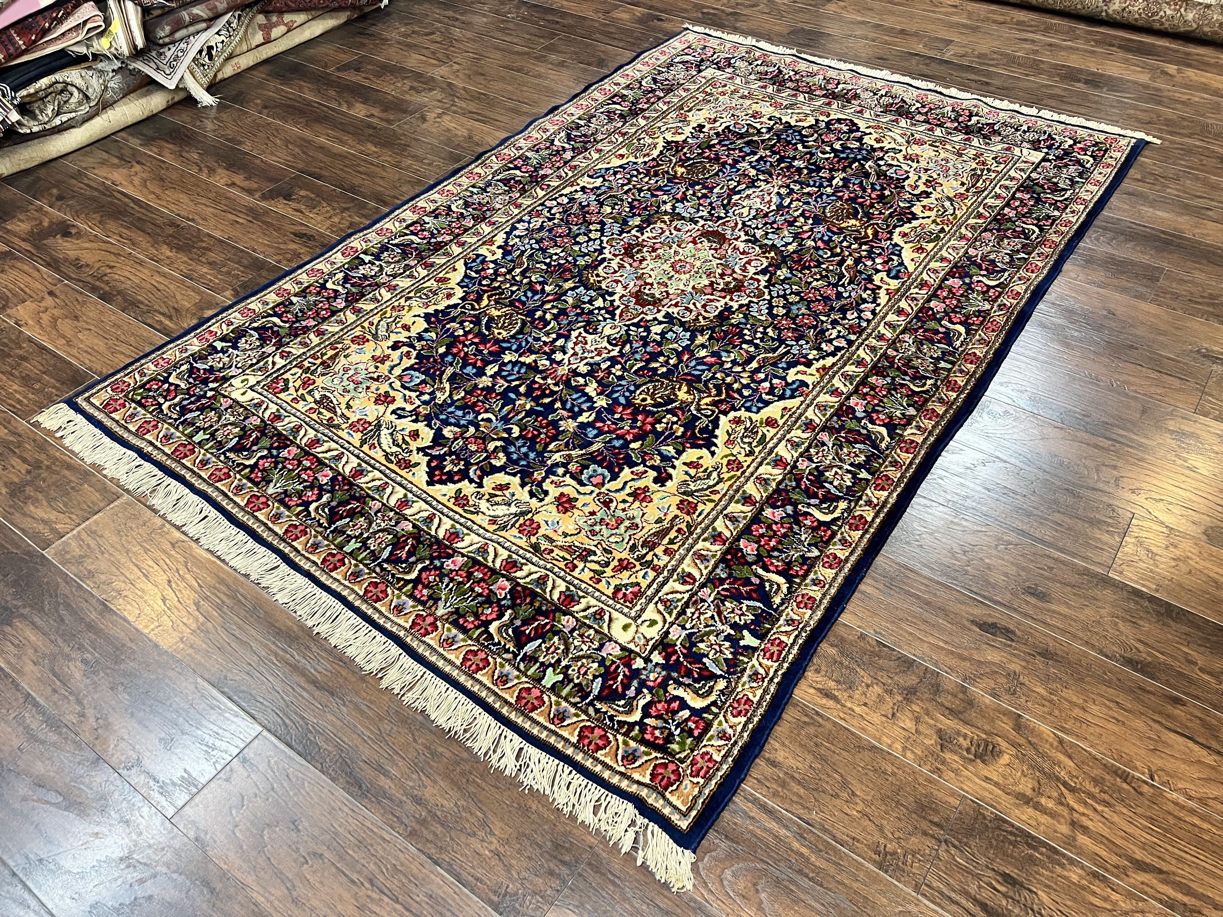 Persian Kirman Rug 6x9, Floral Medallion Vintage Wool Handmade Carpet 6 x 9, Animal Pictorials Birds, Semi Antique, Navy Blue, Millefleur - Jewel Rugs