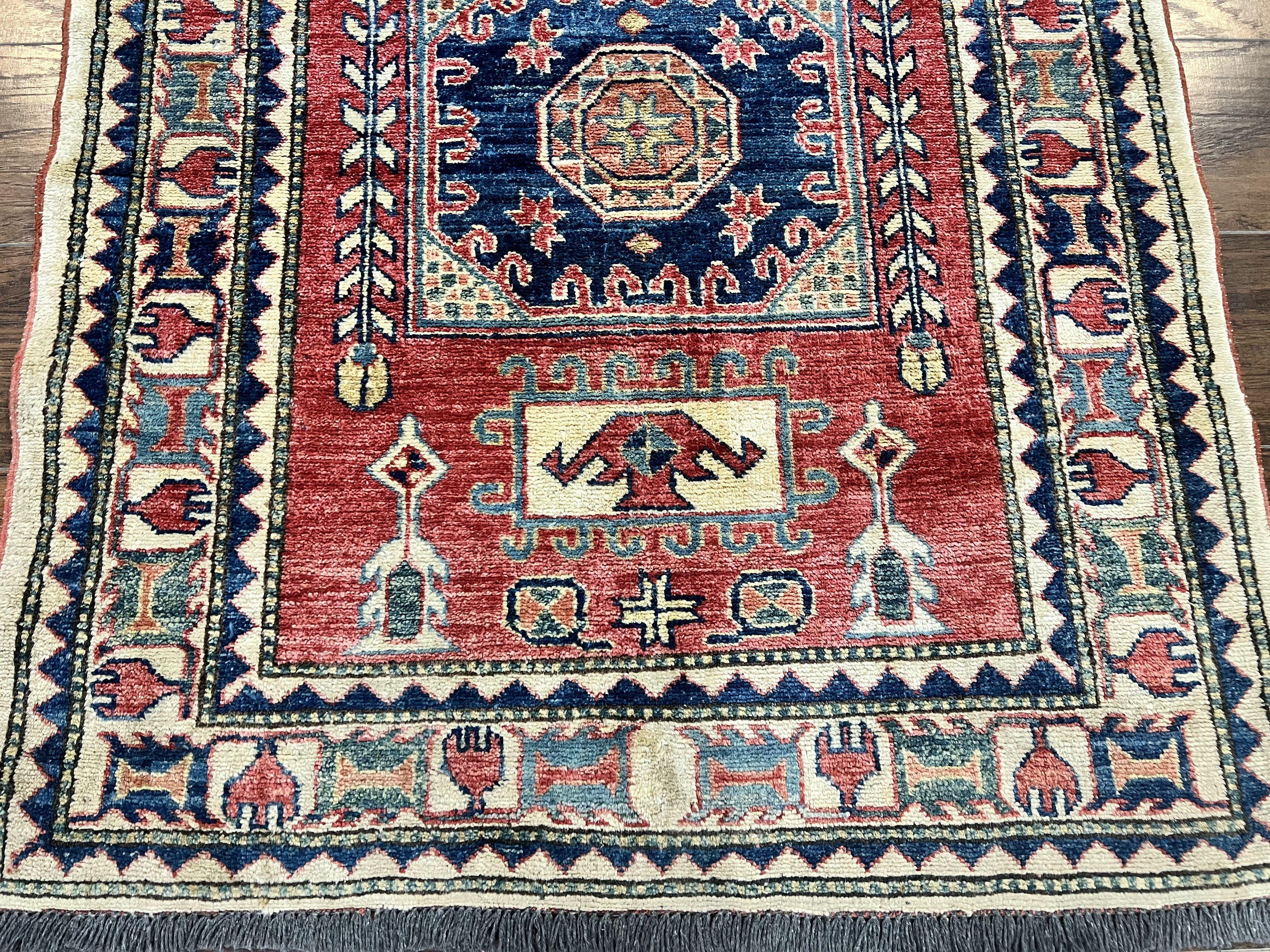 Turkish Kazak Rug 3x4, Wool Hand Knotted Small Vintage Carpet, Red Navy Blue, 3 x 4 Oriental Rug, Geometric Design - Jewel Rugs