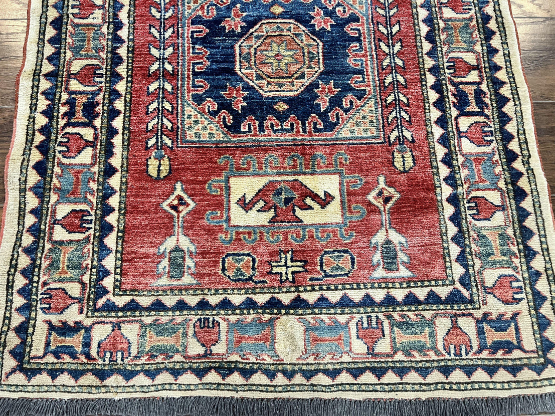 Turkish Kazak Rug 3x4, Wool Hand Knotted Small Vintage Carpet, Red Nav –  Jewel Rugs