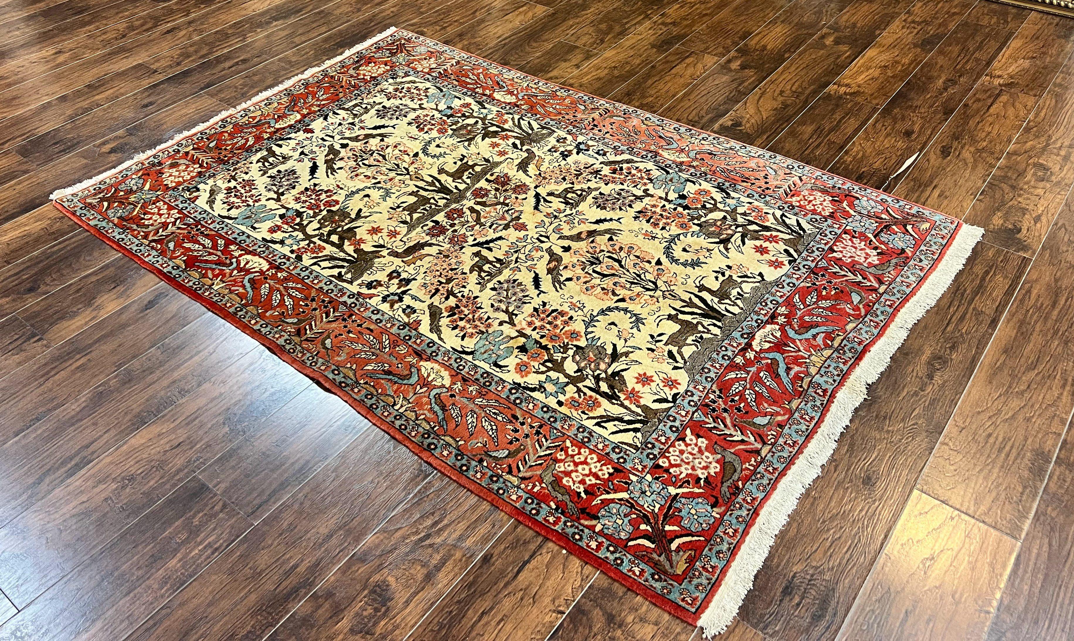 Persian Tree of Life 5x7, Qum Rug, Animal Motifs, Deer Birds, Fine 225 KPSI, Semi Antique Vintage Handmade Wool Rug, Cream Red - Jewel Rugs