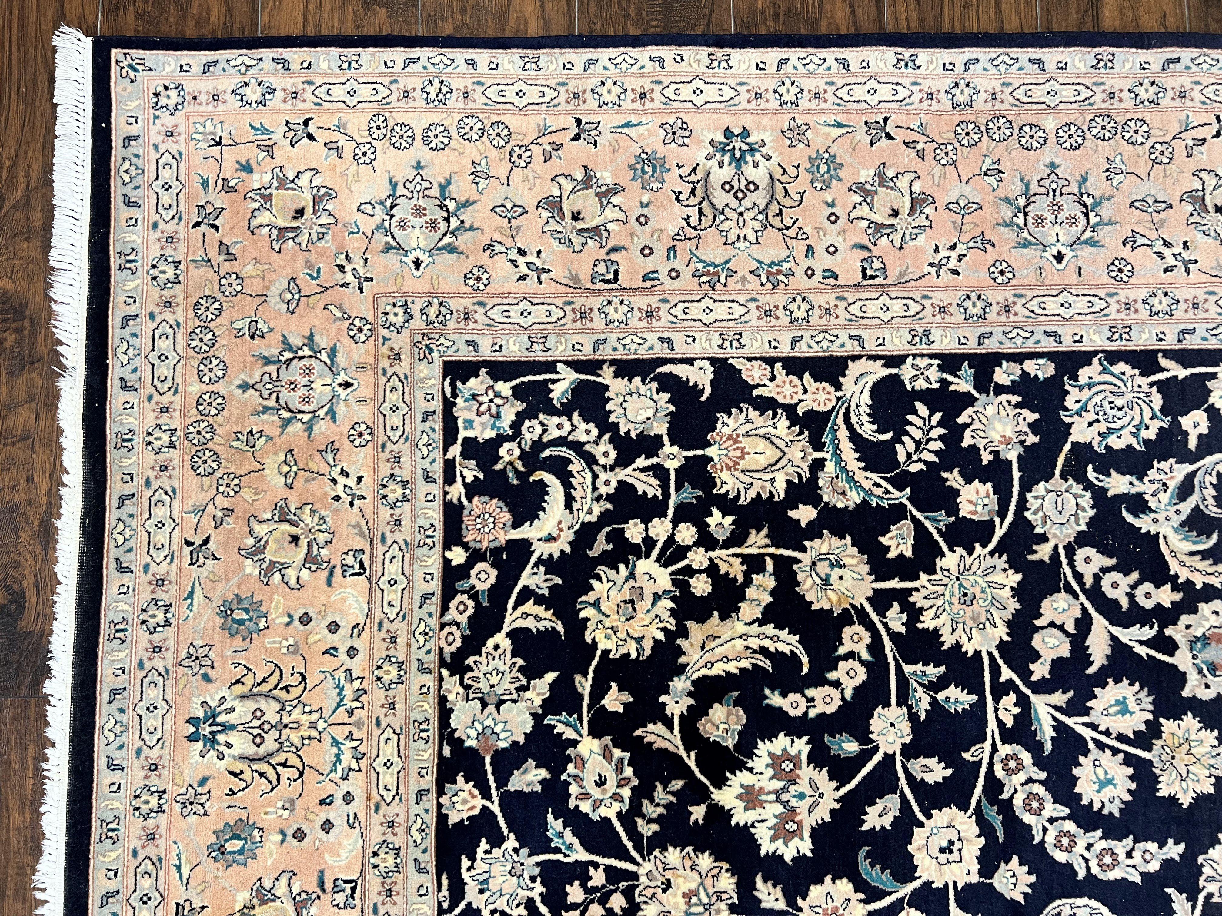 Pak Persian Rug 8x11, Fine Floral Allover Oriental Carpet 8 x 11 ft, Dark Blue and Pink, Room Sized Wool Vintage Rug, Hand Knotted Rug - Jewel Rugs