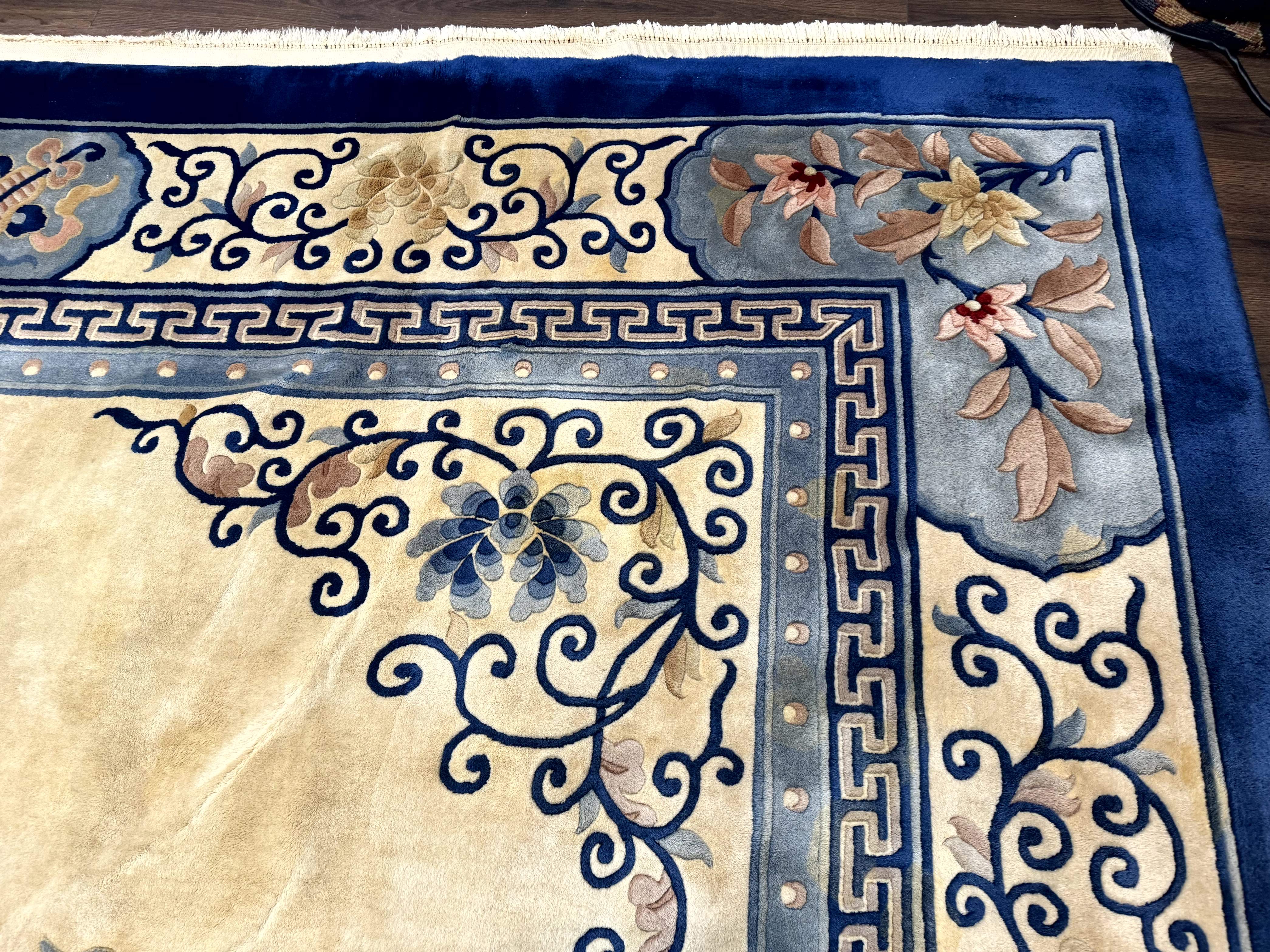 Palace Size Chinese Wool Rug 12x19 – Ivory and Blue, Dragons, Vintage Carpet - Jewel Rugs