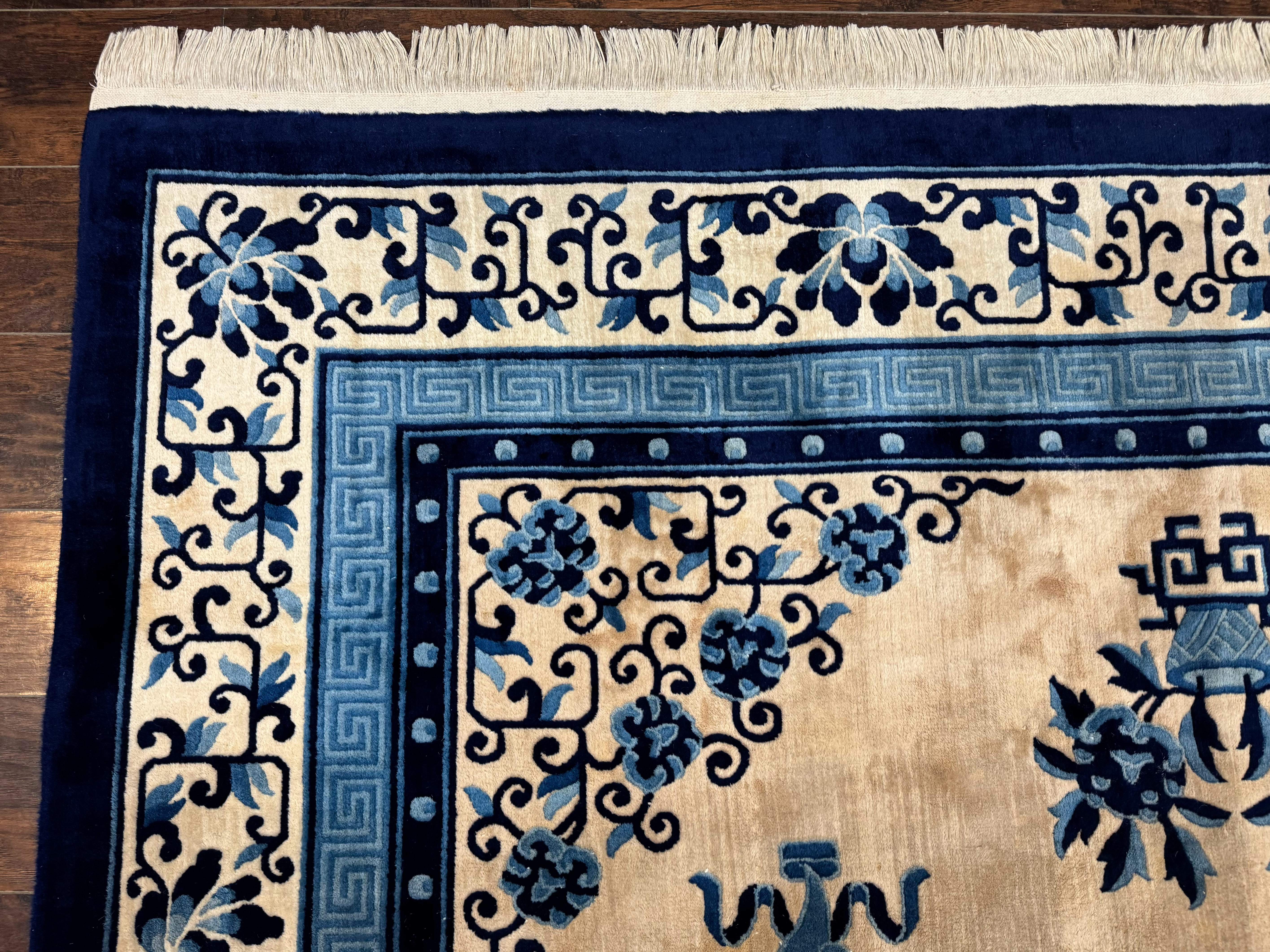 Chinese Peking Rug 8x11 – Ivory and Blue, Hand-Knotted Wool, Asian Oriental Carpet - Jewel Rugs
