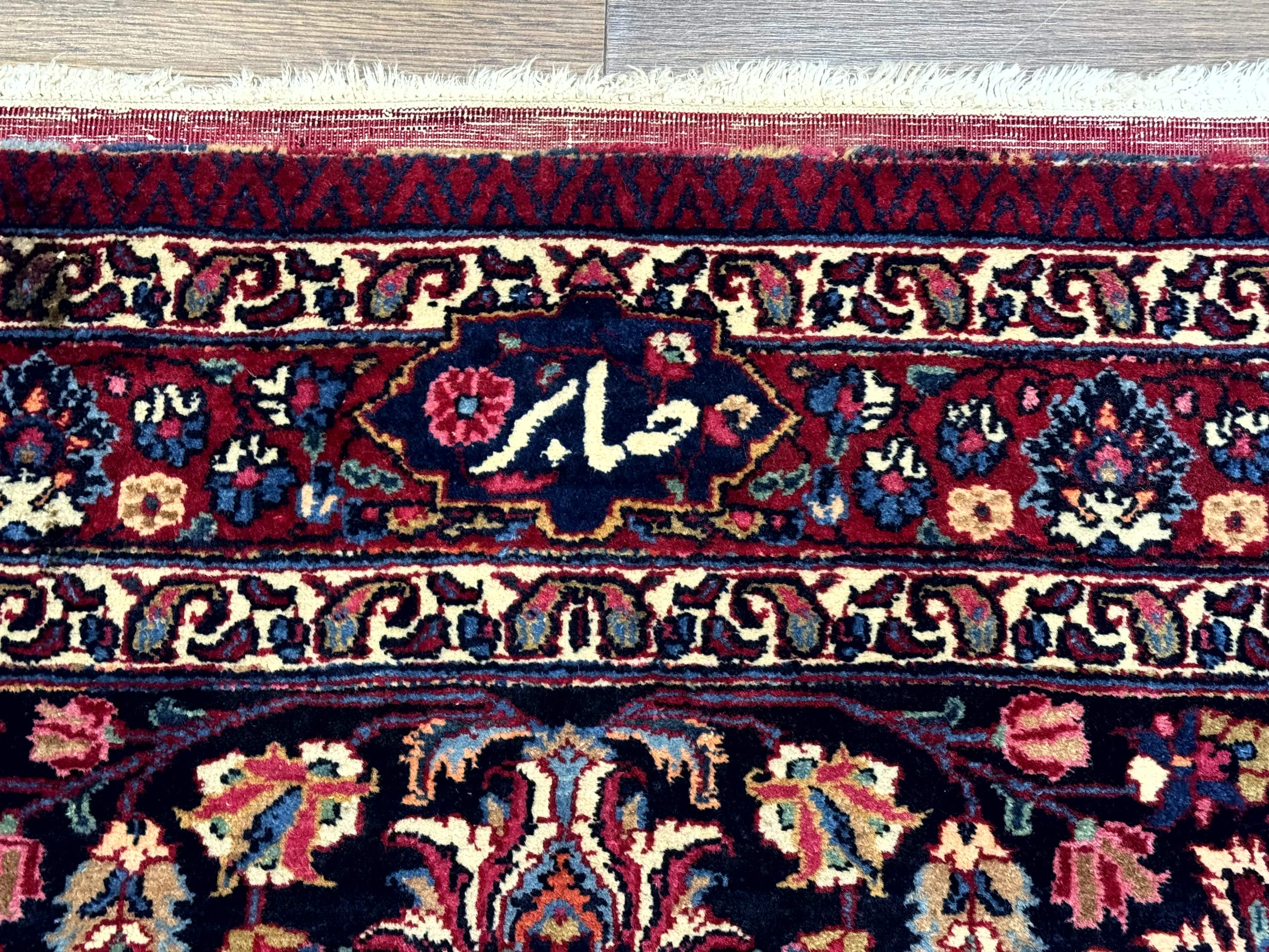 Antique Persian Mashad Rug 12x15, Palace Size Carpet, Wool Hand Knotted, Red and Navy Blue, Floral Medallion - Jewel Rugs