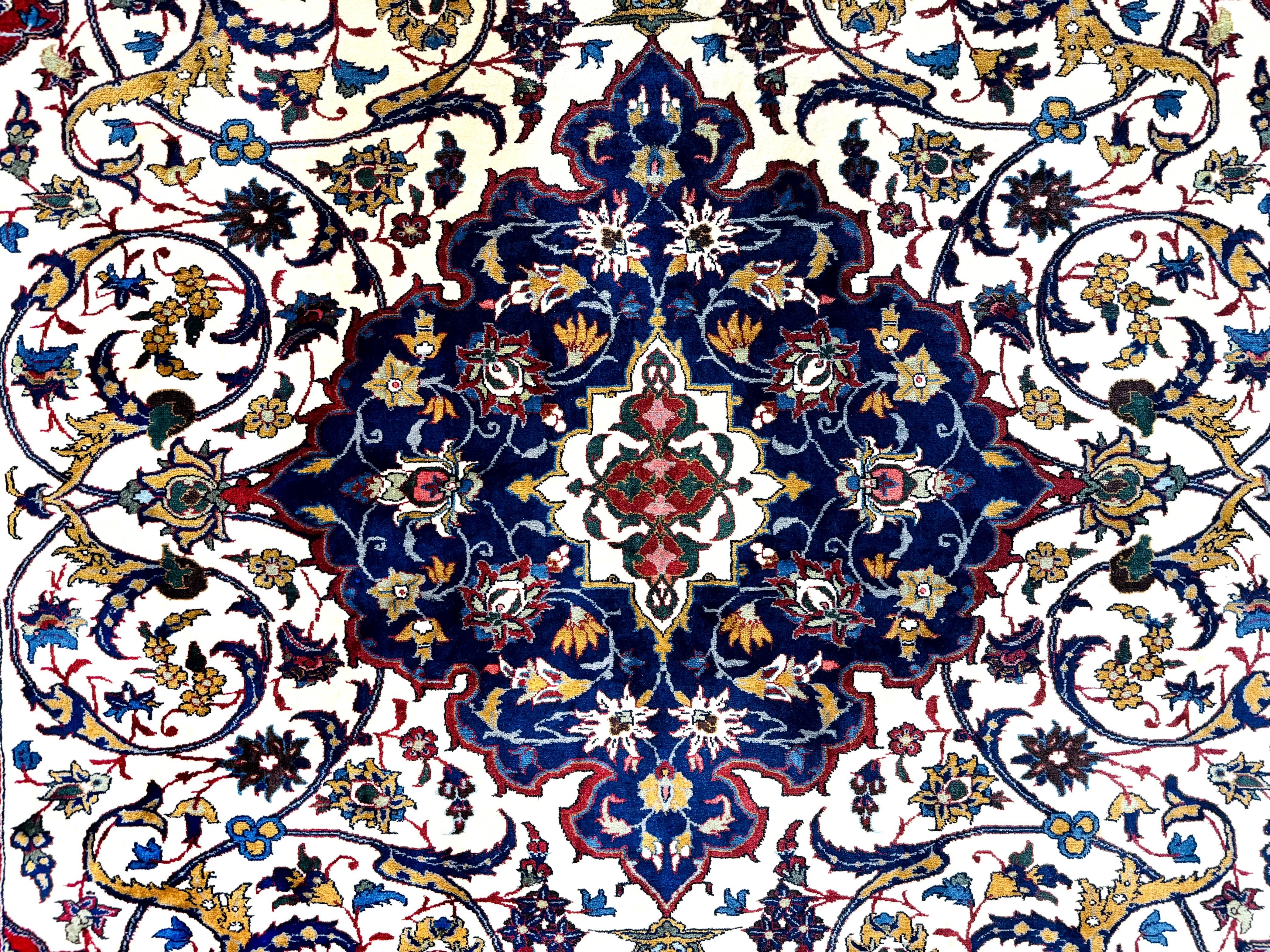 Wonderful Persian Isfahan Rug 7x9, Ivory Navy Blue Red, Floral Medallion, Very Finely Hand Knotted 260 KPSI, Handmade Wool Vintage Rug - Jewel Rugs