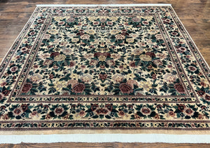 Square Pak Persian Rug 8x8, Floral Bouquets, WIlliam Morris Pattern, Beige, Finely Hand Knotted 320 KPSI, Vintage Wool Carpet