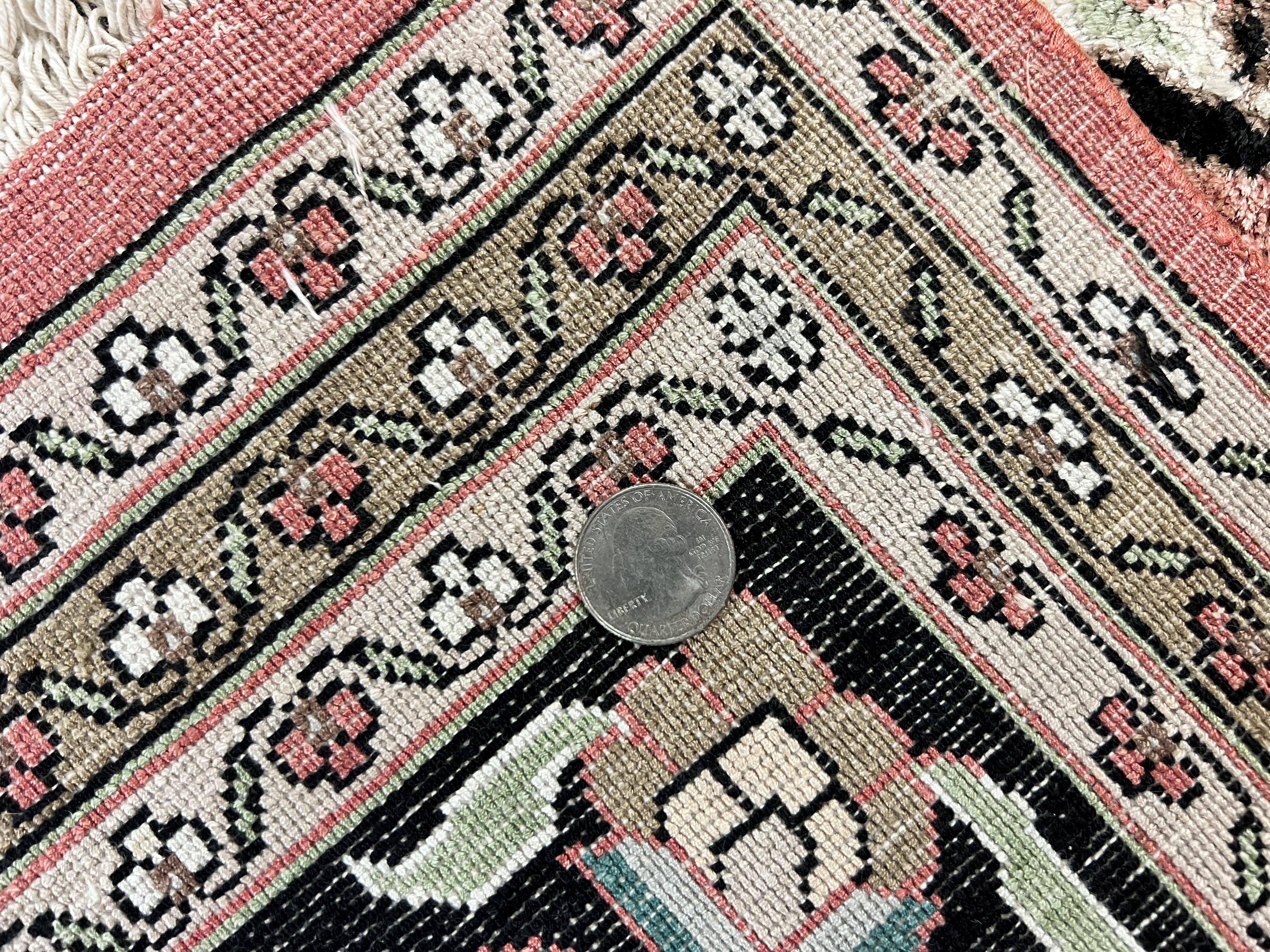 Indian Kashmiri Silk Rug 9x12, Vintage Rug 9 x 12 ft, Salmon Ivory Black Hand-Knotted Silk on Cotton Oriental Floral Carpet, Traditional Rug - Jewel Rugs