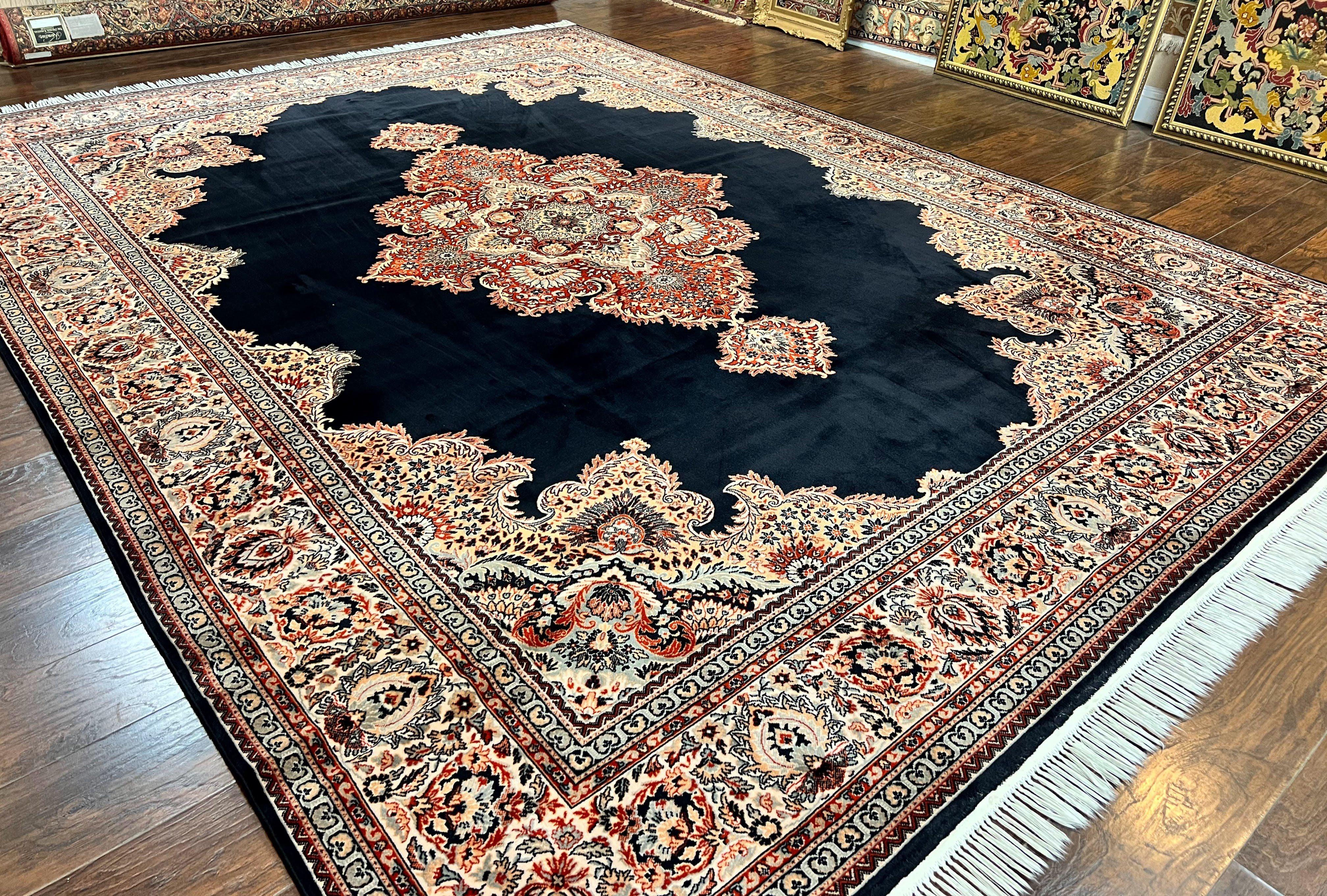 Karastan Rug 10x13, Karastan Ebony Kirman Rug, Room SIzed Wool Pile Vintage Karastan Carpet, Belgium Power Loomed Rug, Black Semi Open Field - Jewel Rugs
