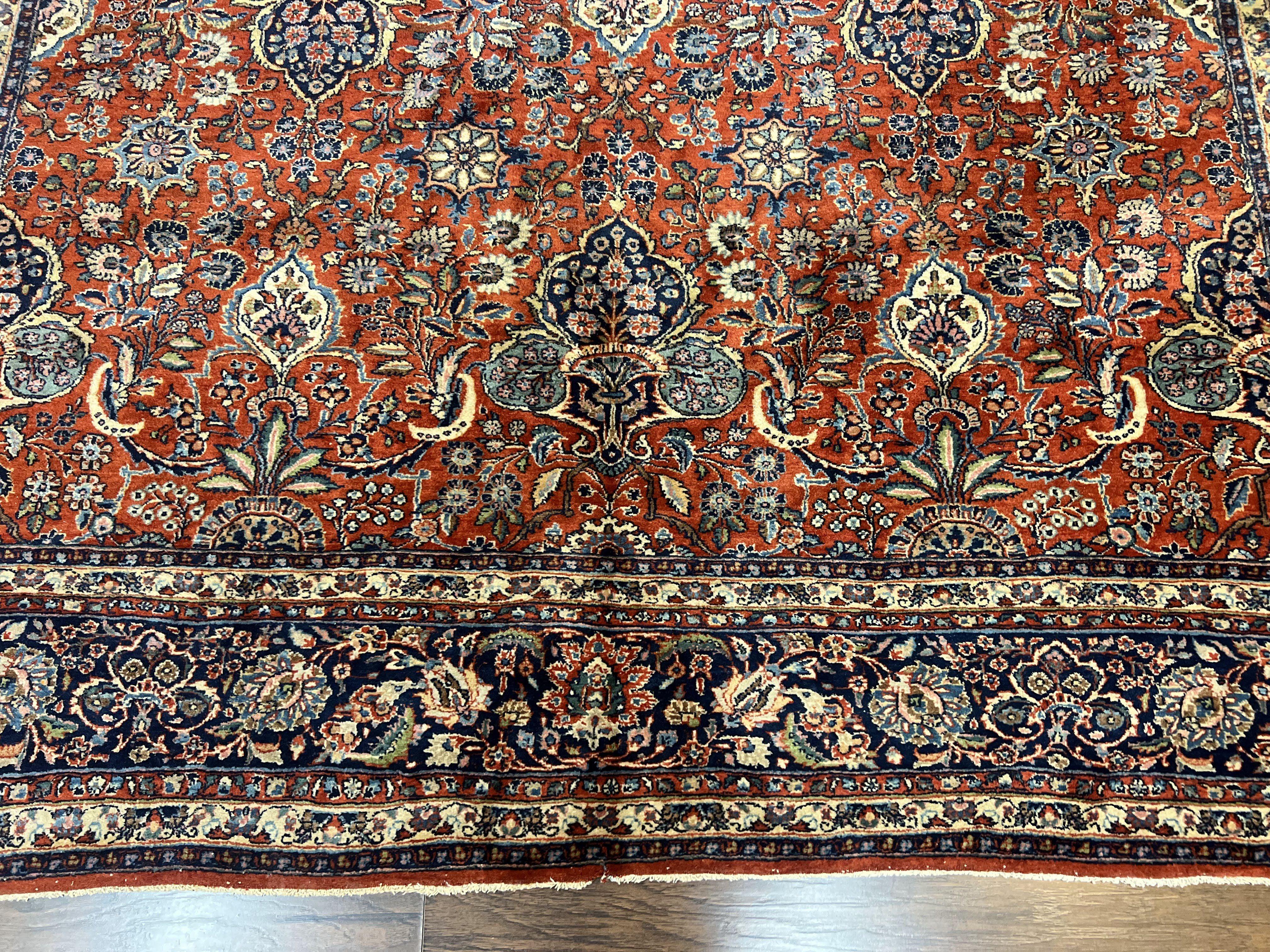Persian Sarouk Rug 9x12, Red and Dark Blue Floral Allover Antique Persian Carpet, Handmade Wool Qazvin Rug - Jewel Rugs