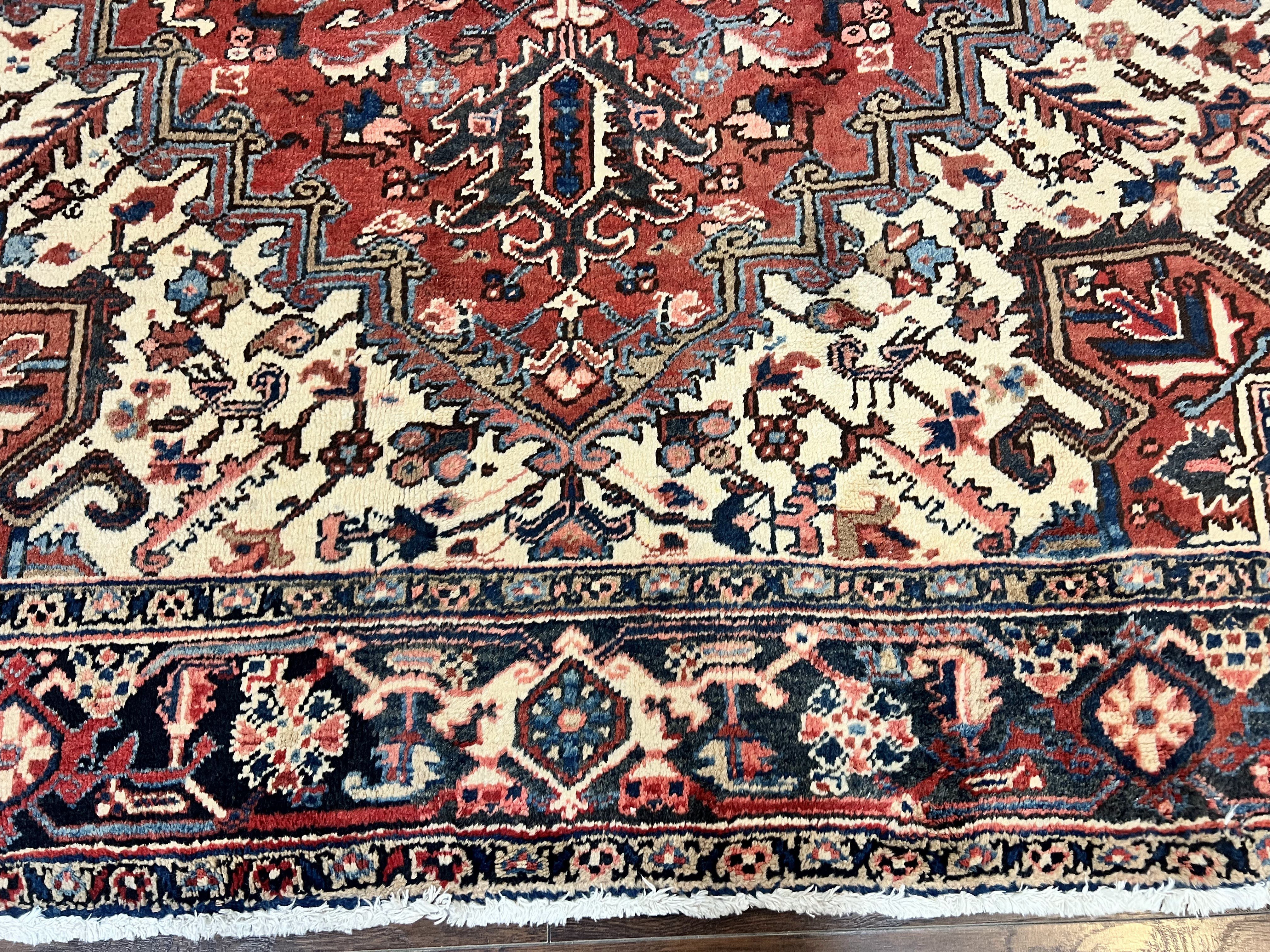 Persian Heriz Rug 8x11, Wool Hand Knotted Antique Carpet, Red Navy Blue Ivory, Geometric Rug, 8 x 11 Room Sized Oriental Rug - Jewel Rugs