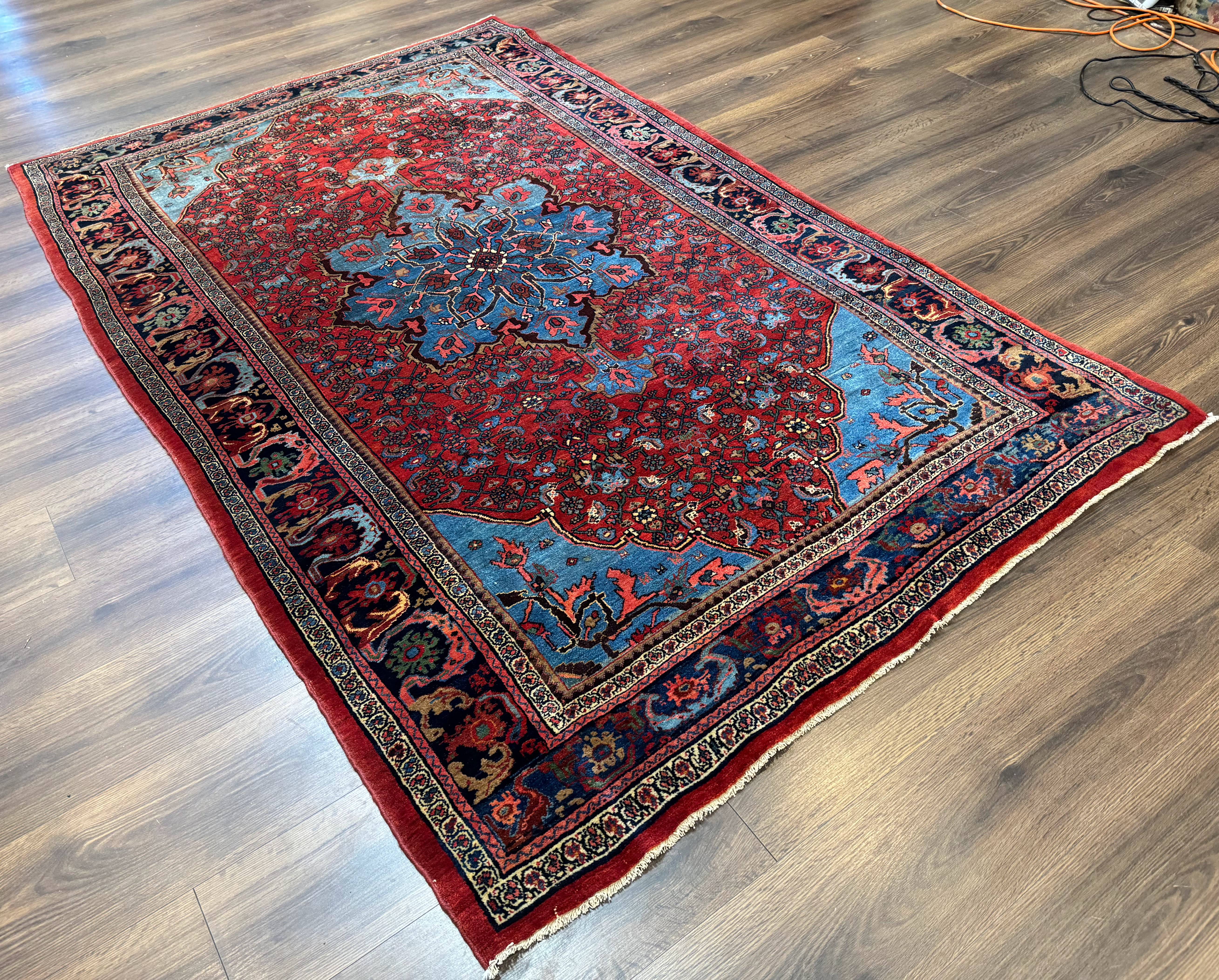 Antique Persian Bijar Rug 5x8, Red and Navy Blue, Medallion and Corner Design - Jewel Rugs