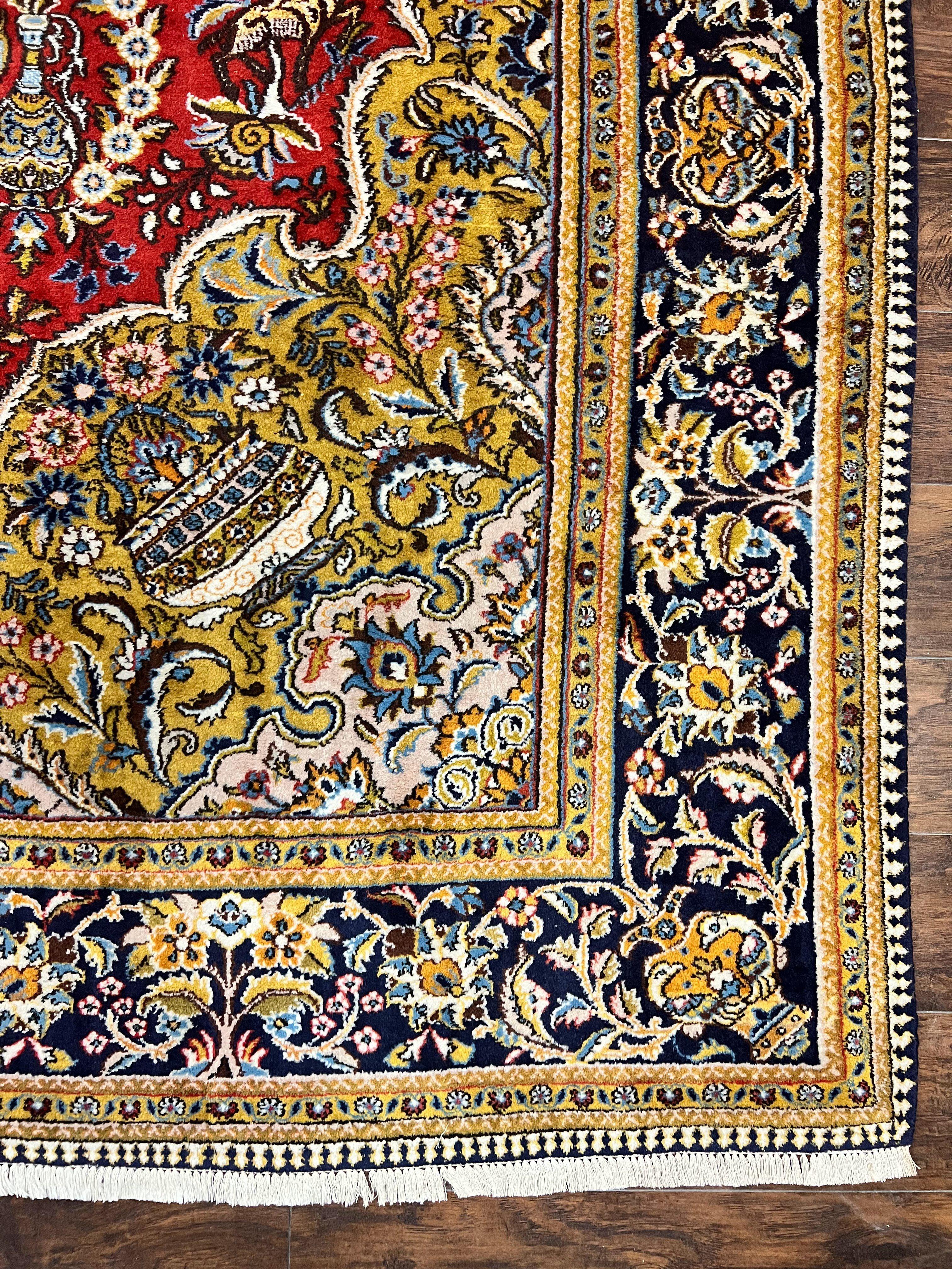 Wonderful Persian Qum Rug 10x14, Wool w/ Silk Highlights, Hand Knotted Semi Antique Vintage Carpet, Red, Floral, Fine Weave, Birds Deer Pictorials - Jewel Rugs