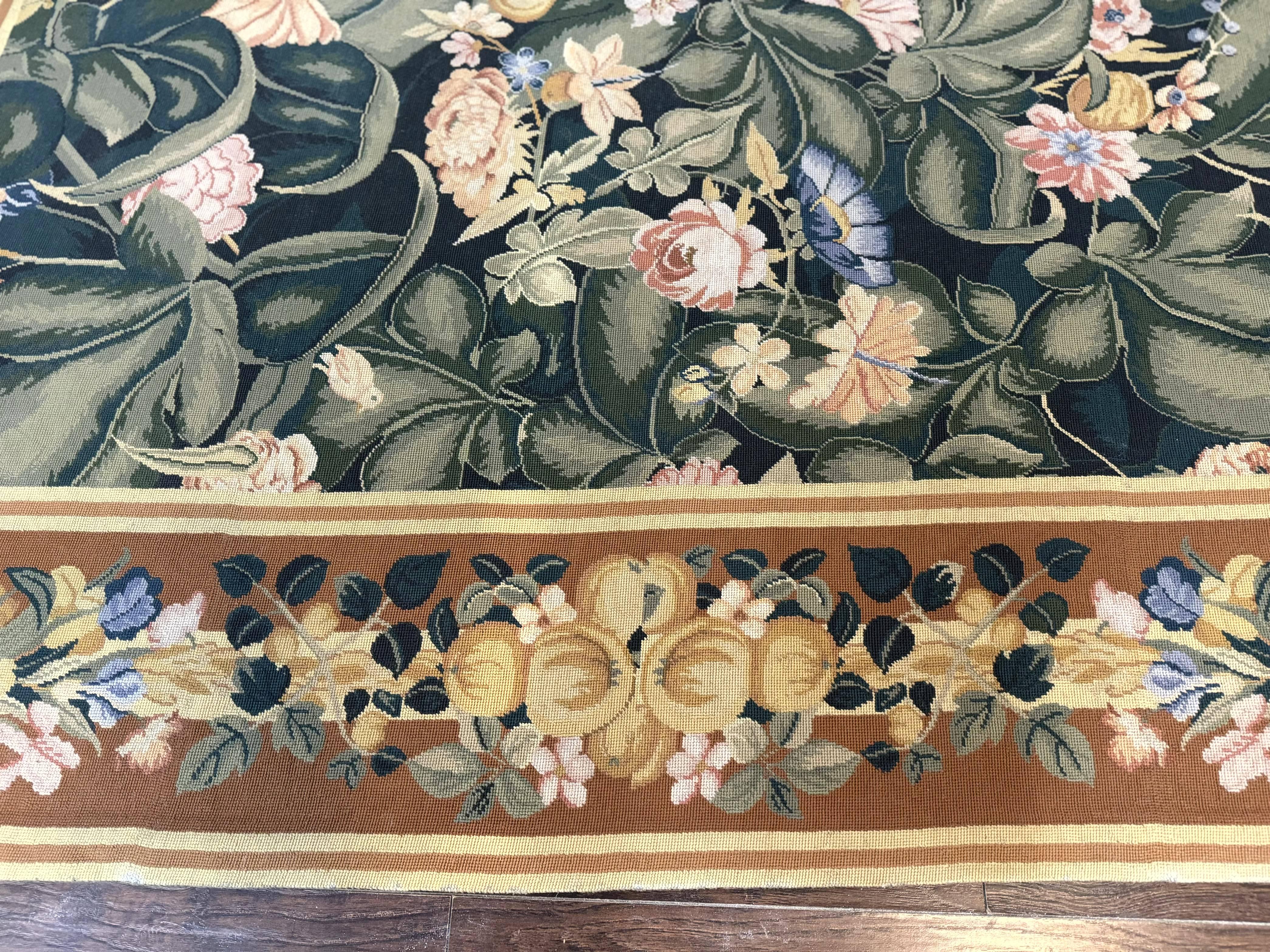 Needlepoint Rug 8x10, Vintage, Handmade, Wool, Green, Leaves & Fruits - Jewel Rugs