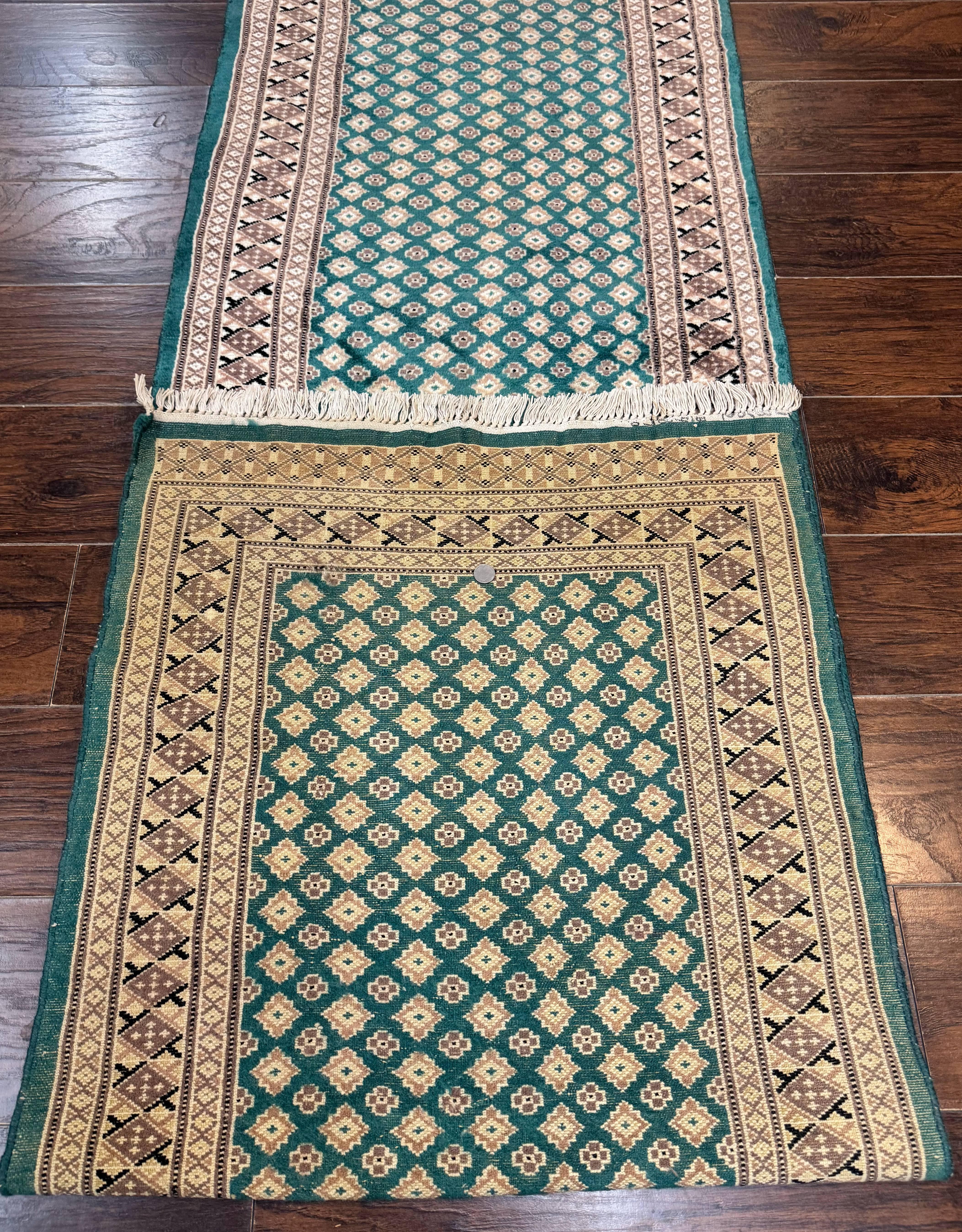 Long Pakistani Runner Rug 2.8 x 20, Hand Knotted Vintage Wool Hallway Rug, Turkoman Rug, Teal and Tan, Handmade Vintage Wool Runner - Jewel Rugs