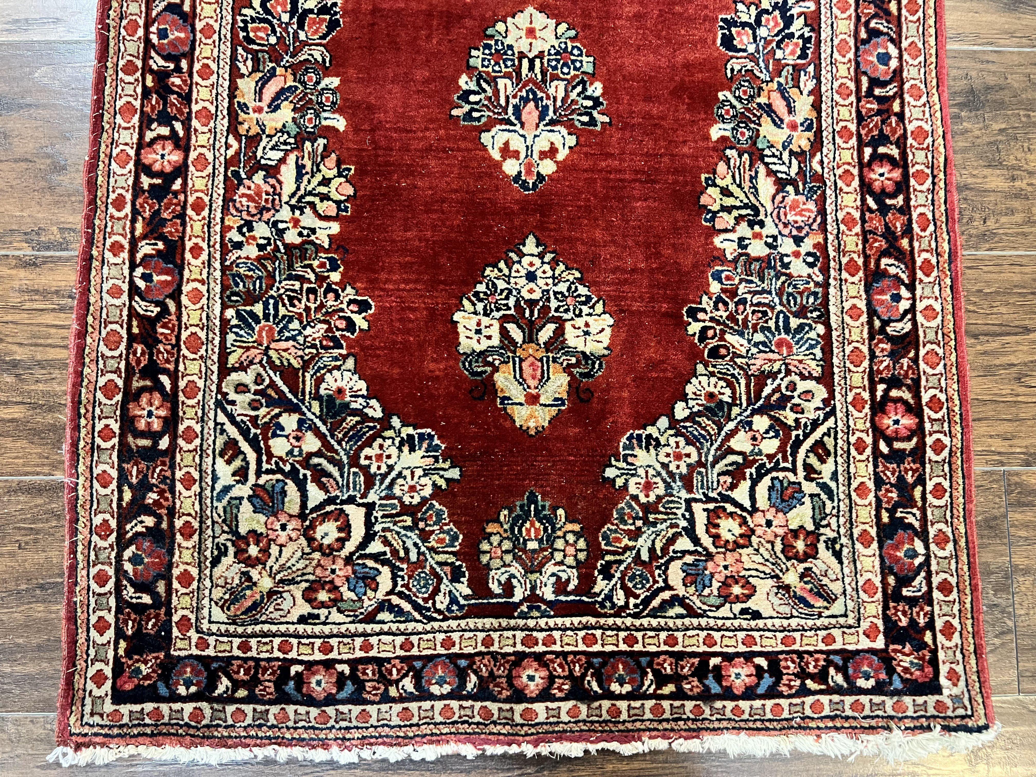 Persian Sarouk Runner Rug 2.7 x 6, Semi Open Field, Red, Handmade Hand Knotted, Wool Oriental Carpet, Vintage Semi Antique - Jewel Rugs