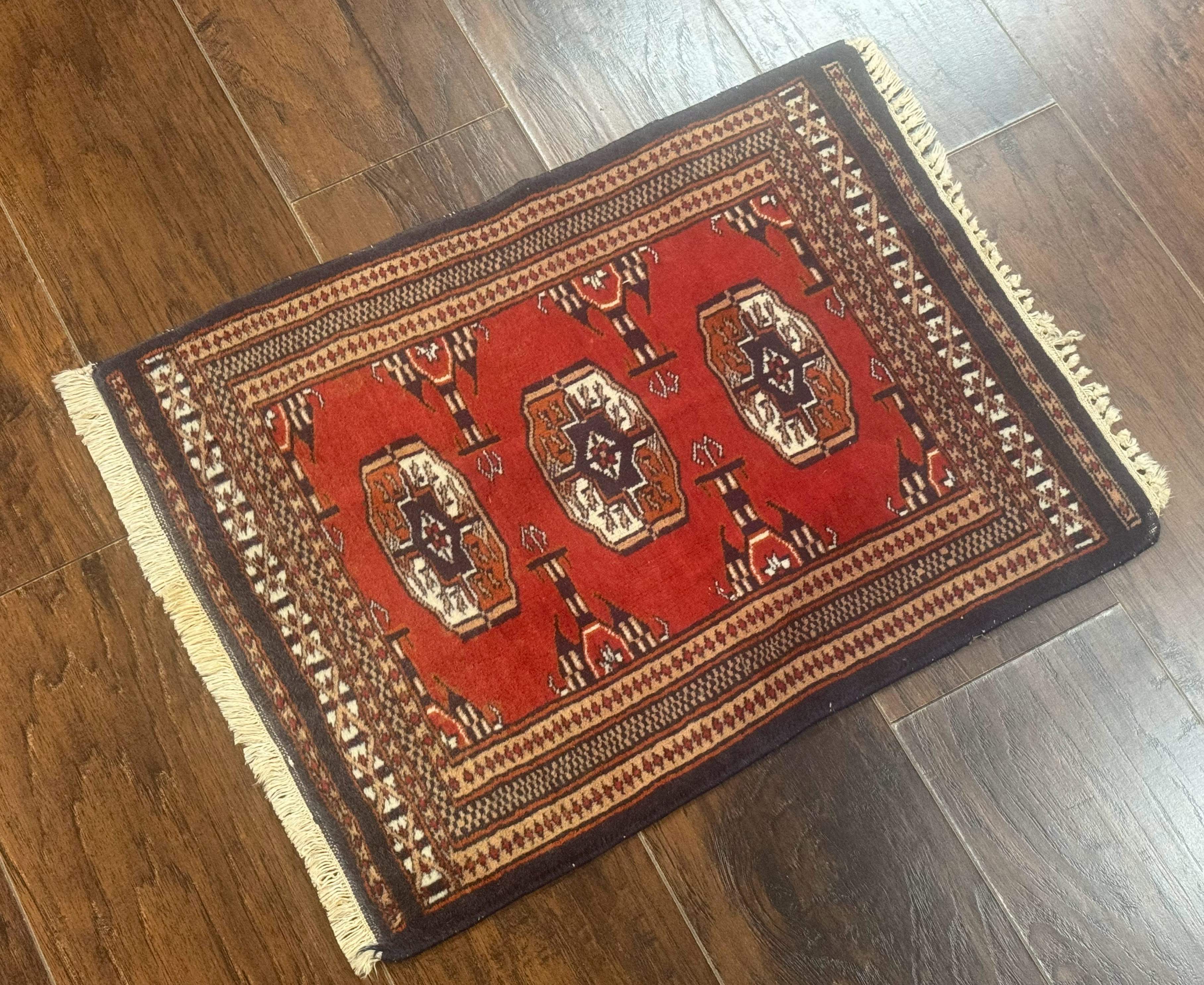 Small Pakistani Bokhara Turkoman Rug, Red, Hand-Knotted Wool Vintage Accent Rug - Jewel Rugs