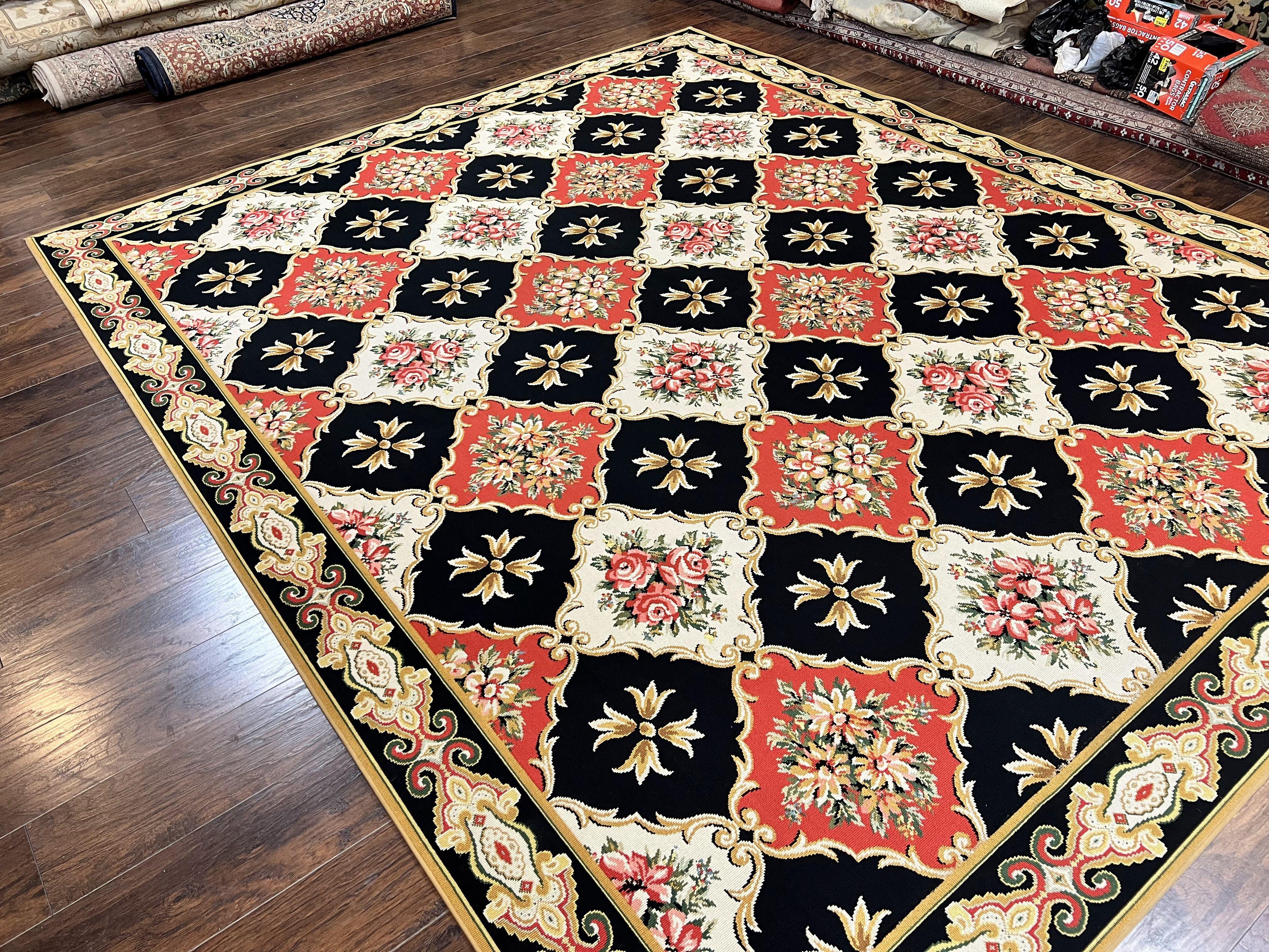 Large Stark Area Rug 9.6 x 11.7, Custom Vintage Stark Carpet, Red Black Ivory, European Design, Panels, Florals - Jewel Rugs