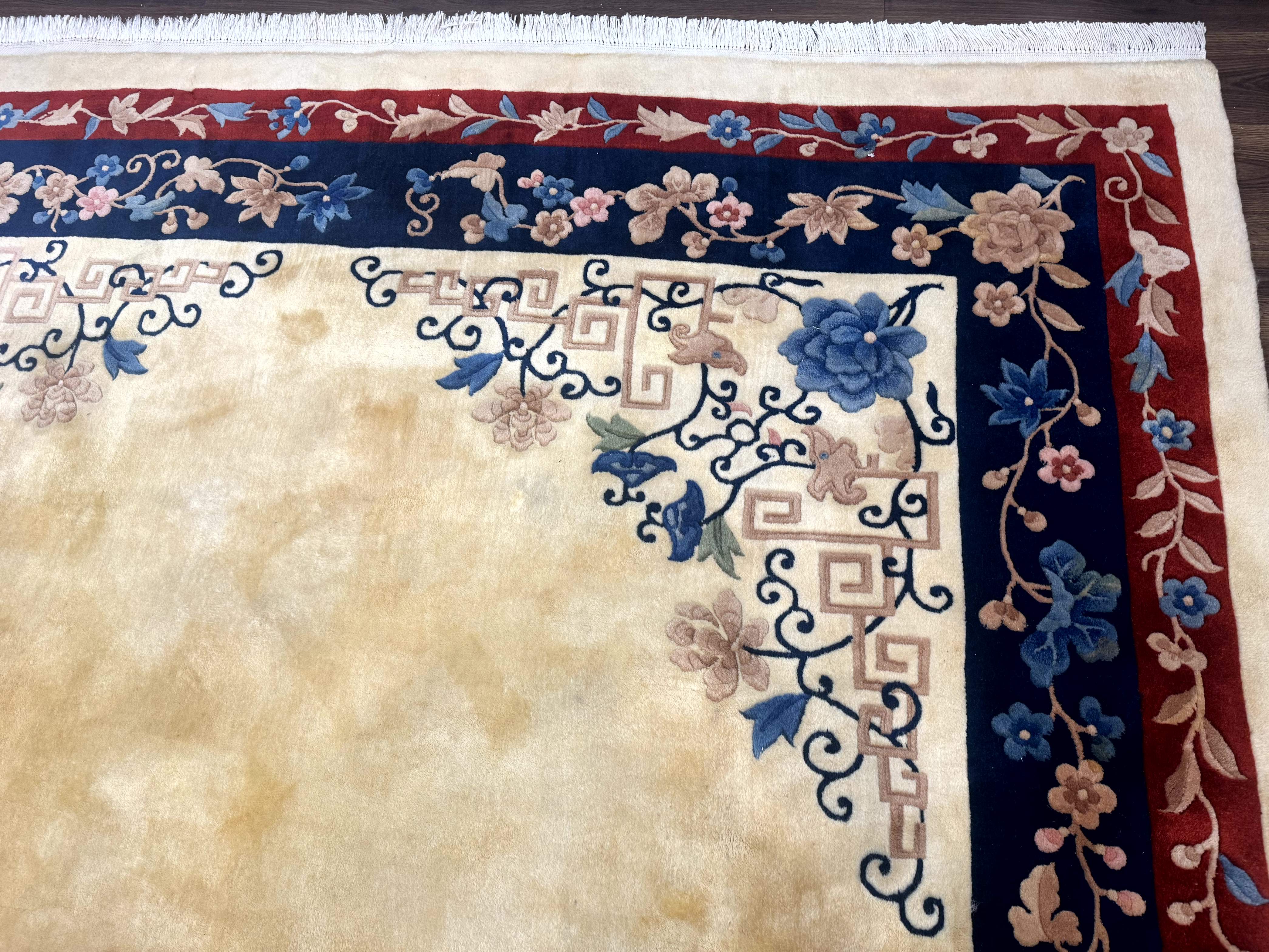 Chinese Rug 10x14 – Cream and Navy, 90 Line Vintage Wool Carpet - Jewel Rugs