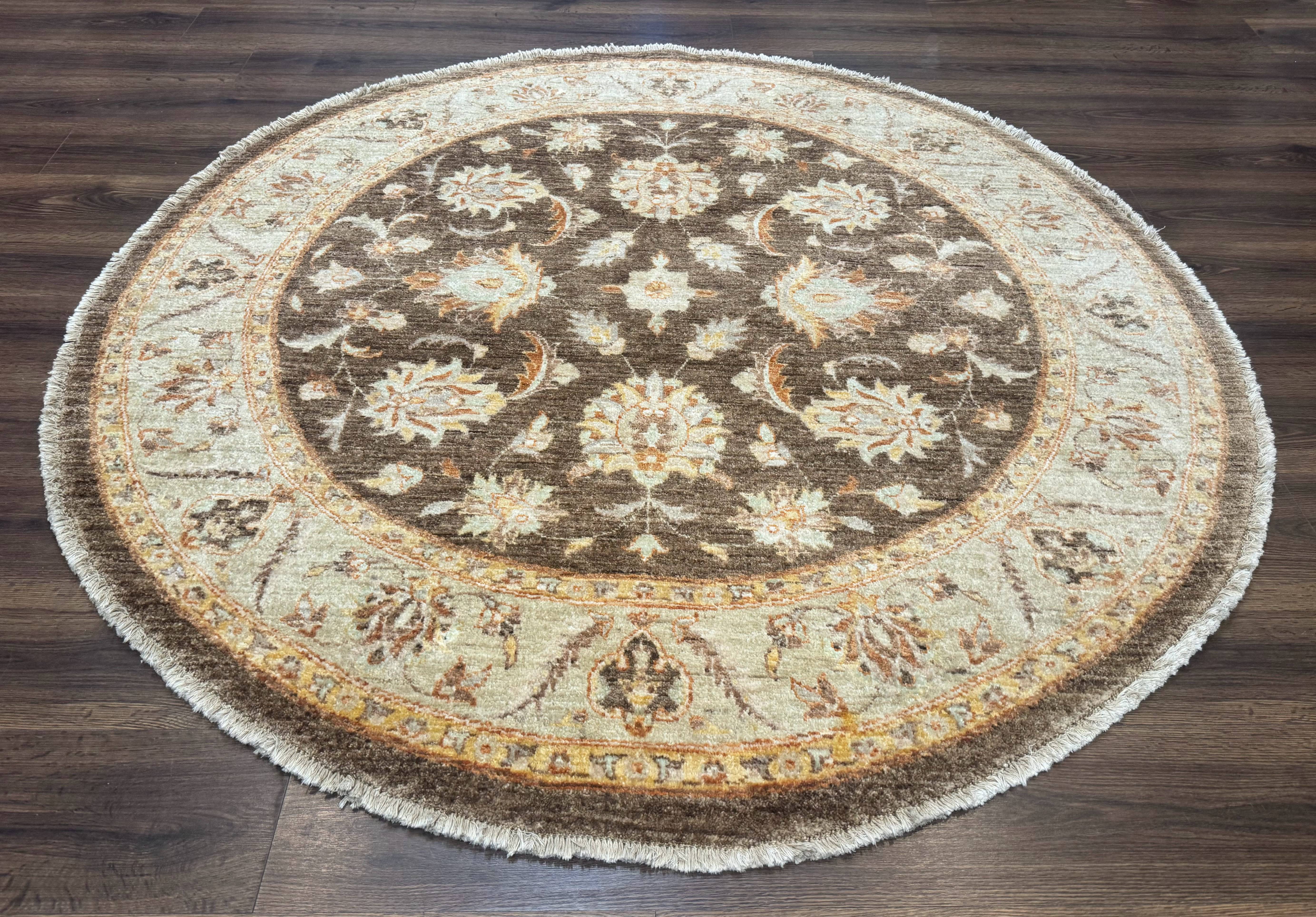 Round Pakistani Rug 6x6, Brown and Beige, Floral, Peshawar Rug, Traditional - Jewel Rugs