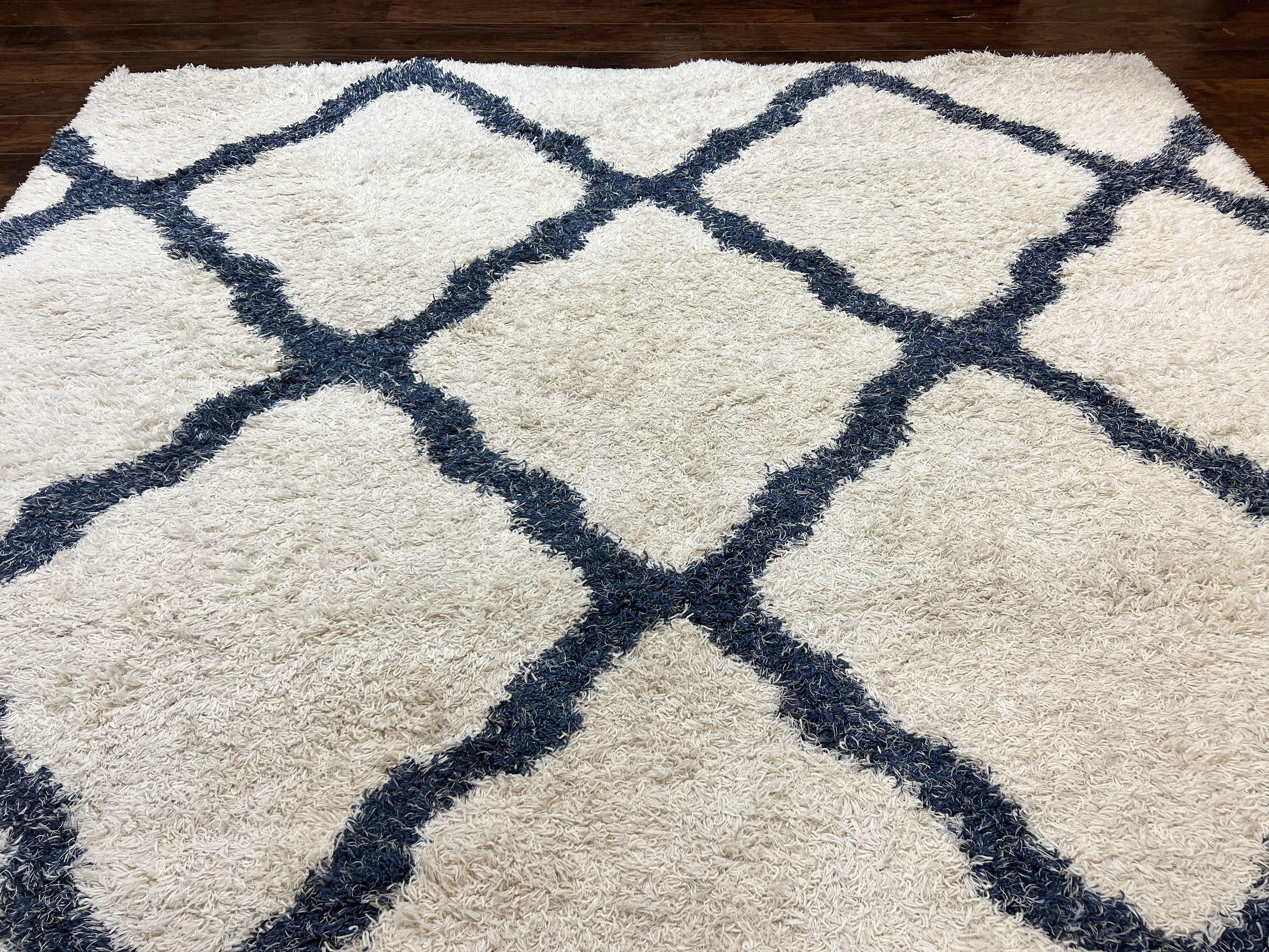 Modern Shag Rug 9x12, Ivory and Dark Blue, Diamond Pattern, Soft, Room Sized, Contemporary Rug, Plush - Jewel Rugs
