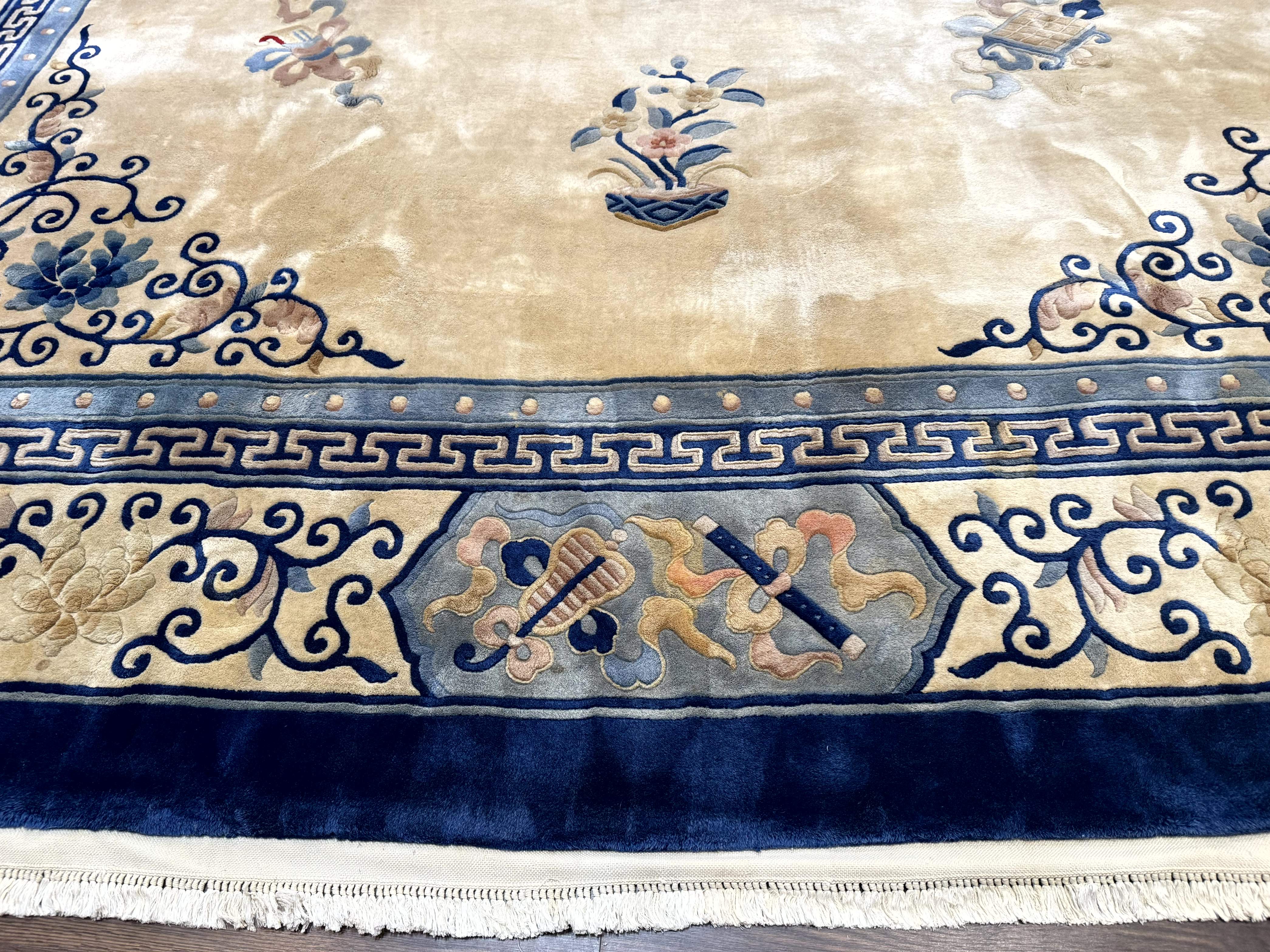 Palace Size Chinese Wool Rug 12x19 – Ivory and Blue, Dragons, Vintage Carpet - Jewel Rugs