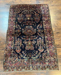 Dark Blue Persian Rug 4x5, Floral Oriental Carpet, Handmade Wool Rug, Blue & Red, Sarouk Rug, Traditional Rug, Fine 275 KPSI