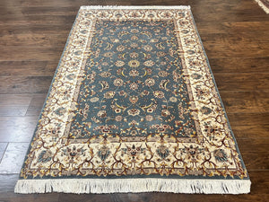 Sino Persian Rug 4x6, Very Fine Oriental Carpet, Handmade Rug 4 x 6, Floral Allover Vintage Traditional Wool & Silk Highlights, 200 KPSI