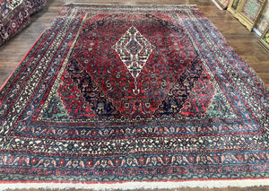Antique Persian Hamadan Tribal Rug 8x10, Red and Ivory, Medallion Rug, Wool Handmade Carpet