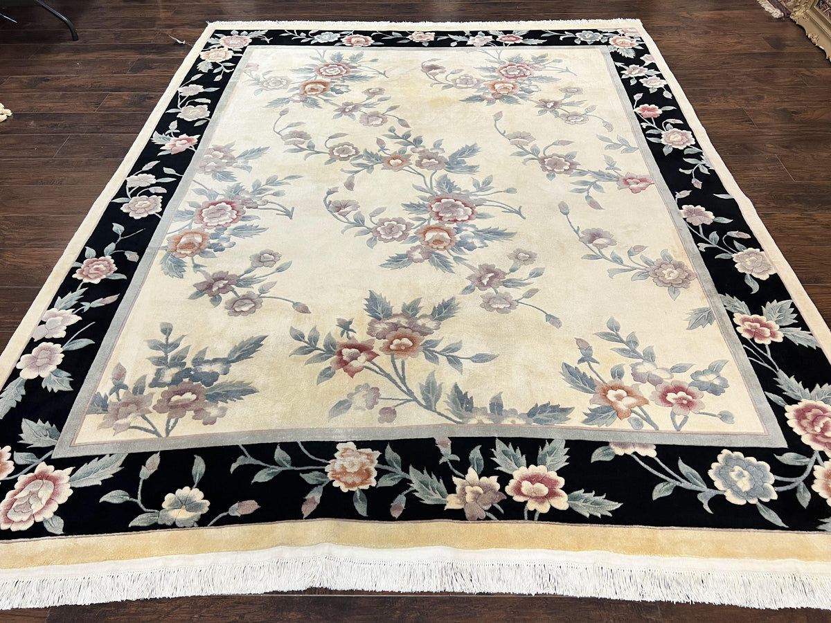 Chinese Wool Rug 8x10, Floral Design, Cream & Black, Art Deco 90 Line