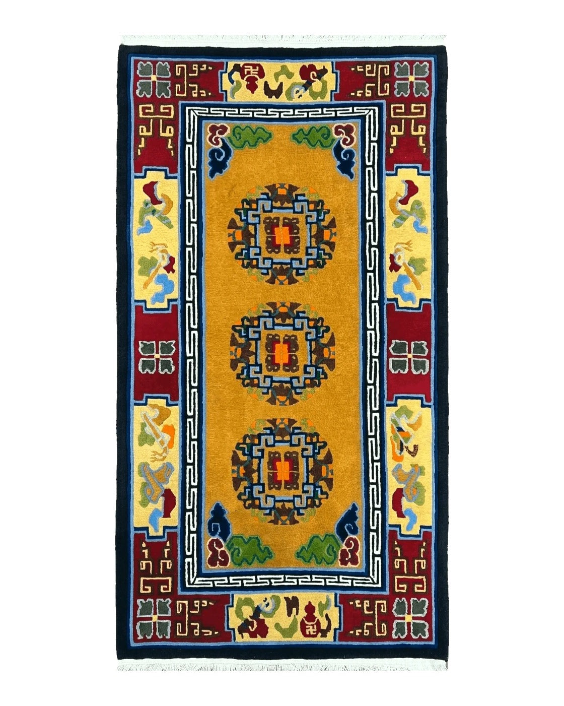Vintage Chinese Art Deco Rug 3x6, Orange Dark Blue Maroon Chinese Peking Carpet, Asian Oriental Wool Rug, Bold Colors, Bedroom Rug, Hallway