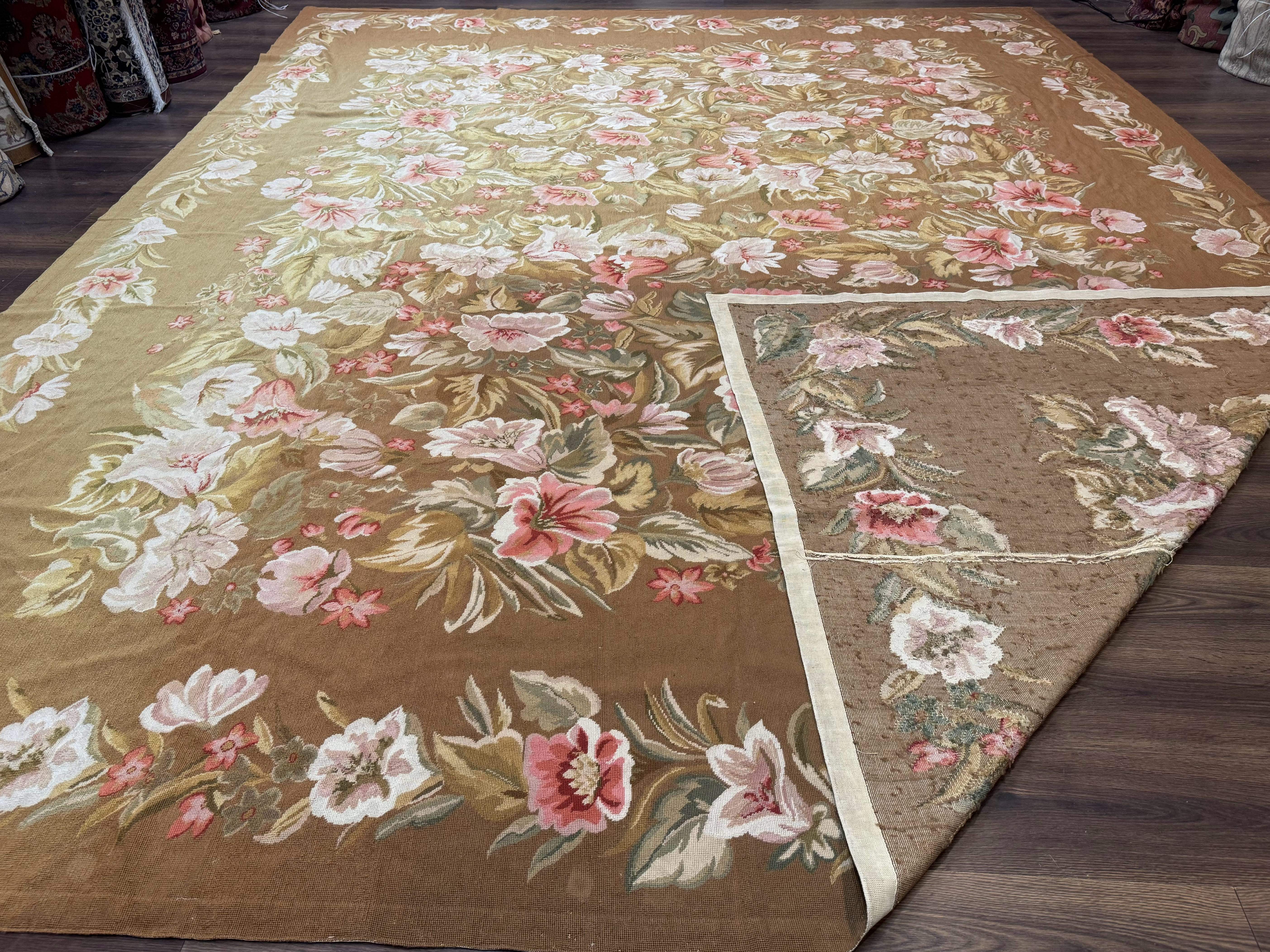 Large Needlepoint Rug 11x14, Vintage Floral Wool Carpet, Caramel - Jewel Rugs