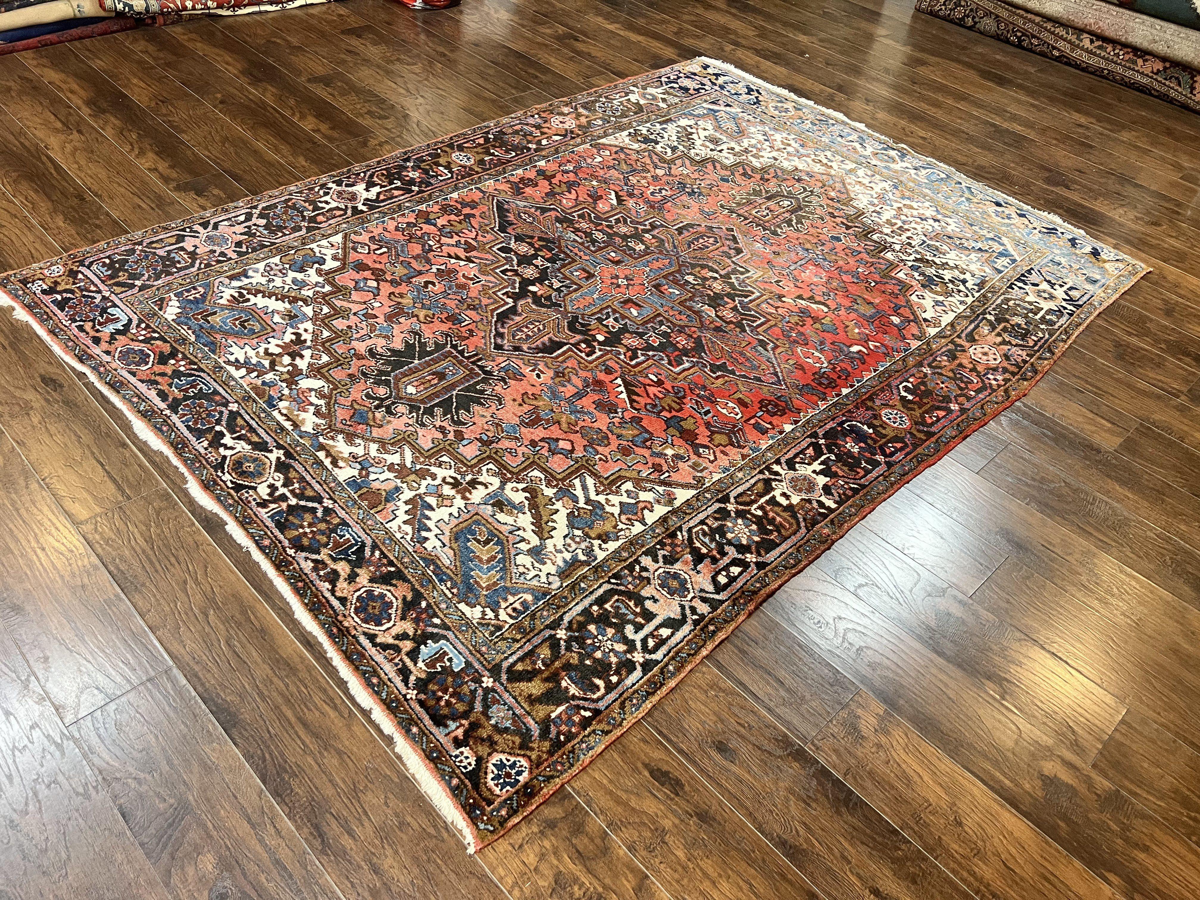 Persian Heriz Rug 7x10, Wool Hand Knotted Vintage Geometric Carpet, Red and Ivory, 7 x 10 Oriental Rug - Jewel Rugs