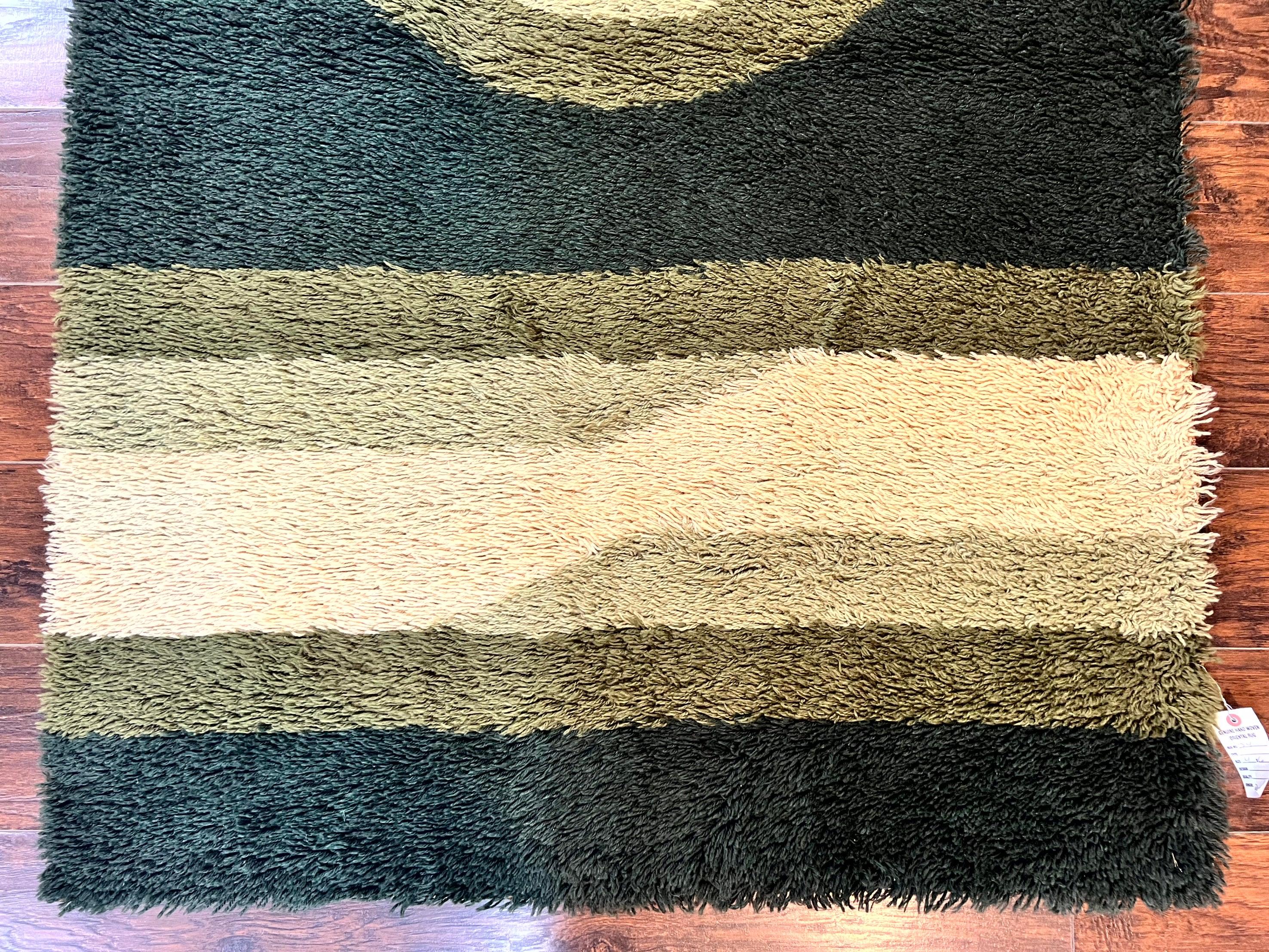 Danish Rya Shag Rug 4x6, Green, Abstract Design, EGE Rya, Vintage Retro Carpet, Mid Century Rya - Jewel Rugs