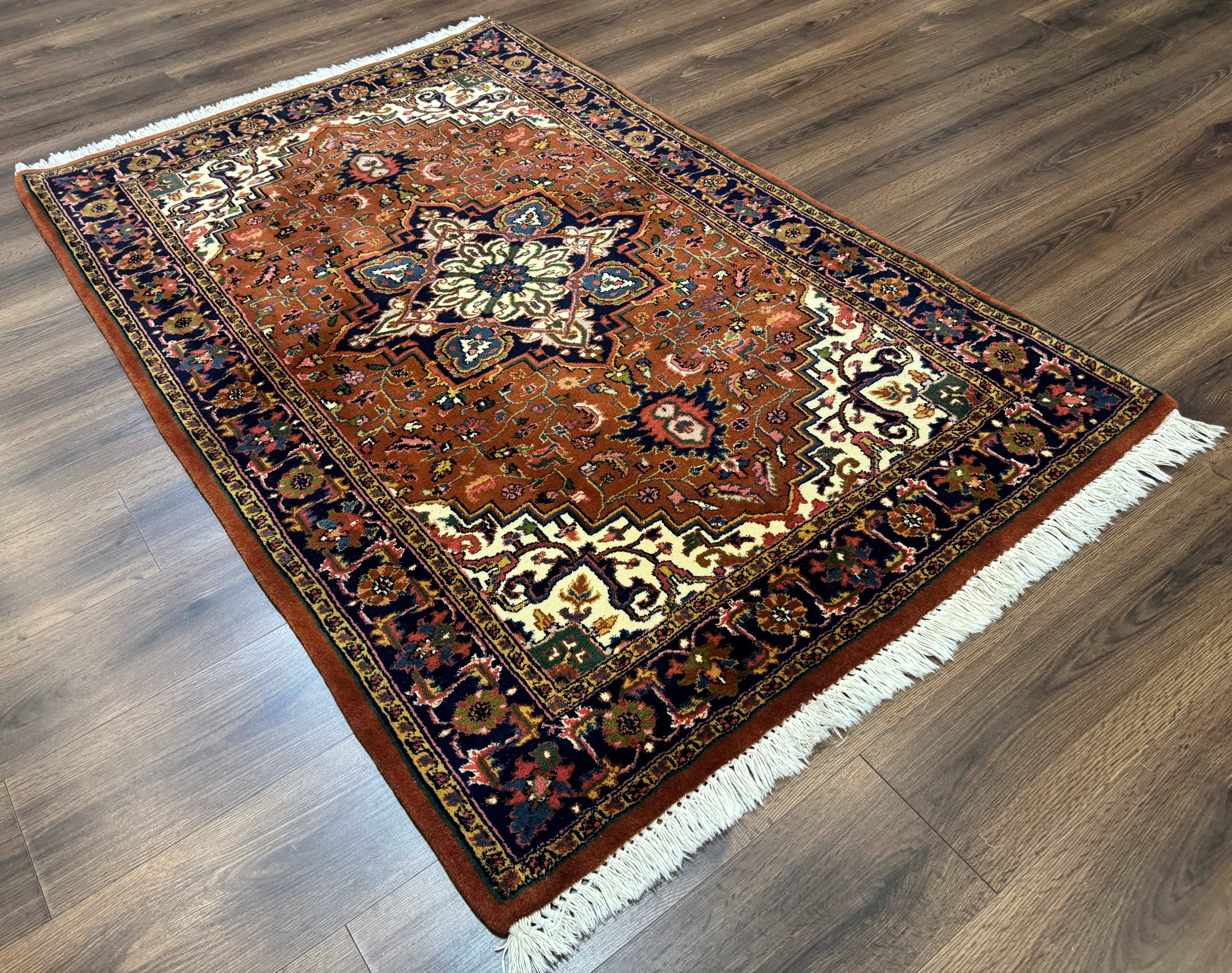 Indo Persian Heriz Rug 4x6, Rust Red Navy Blue and Cream - Jewel Rugs