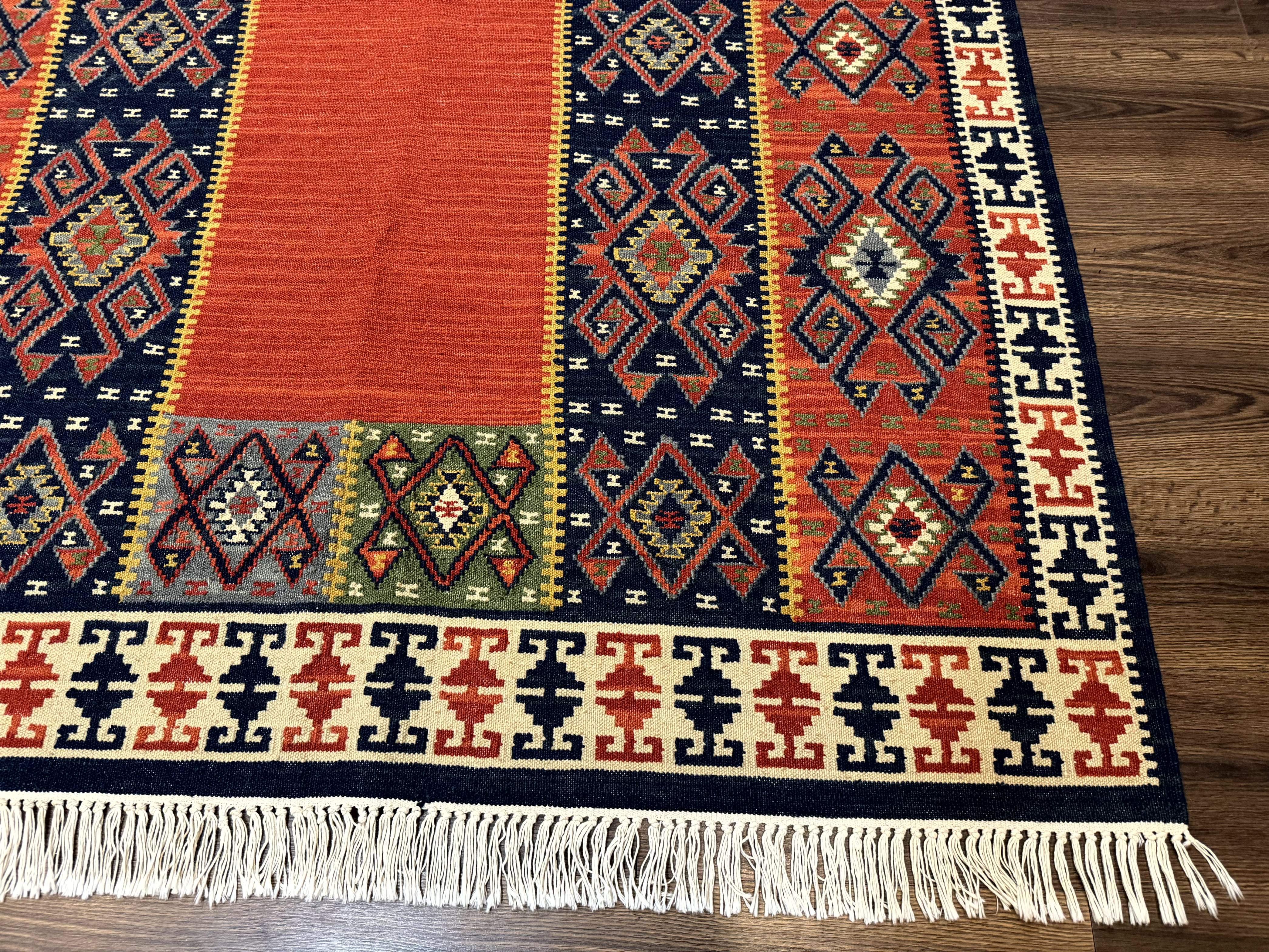Turkish Kilim Rug 5x8, Flatweave Carpet, Handmade Bohemian Rug, Terracotta and Navy Blue - Jewel Rugs