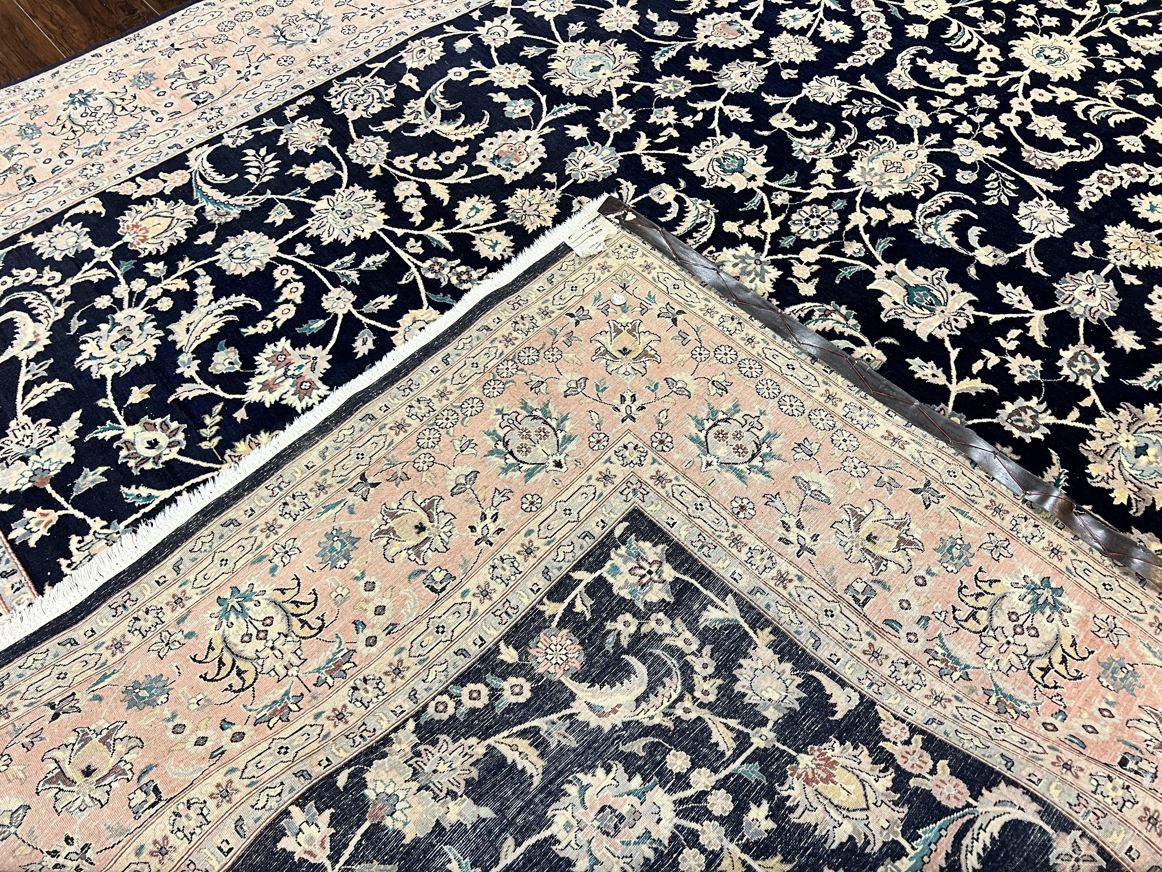 Pak Persian Rug 8x11, Fine Floral Allover Oriental Carpet 8 x 11 ft, Dark Blue and Pink, Room Sized Wool Vintage Rug, Hand Knotted Rug - Jewel Rugs