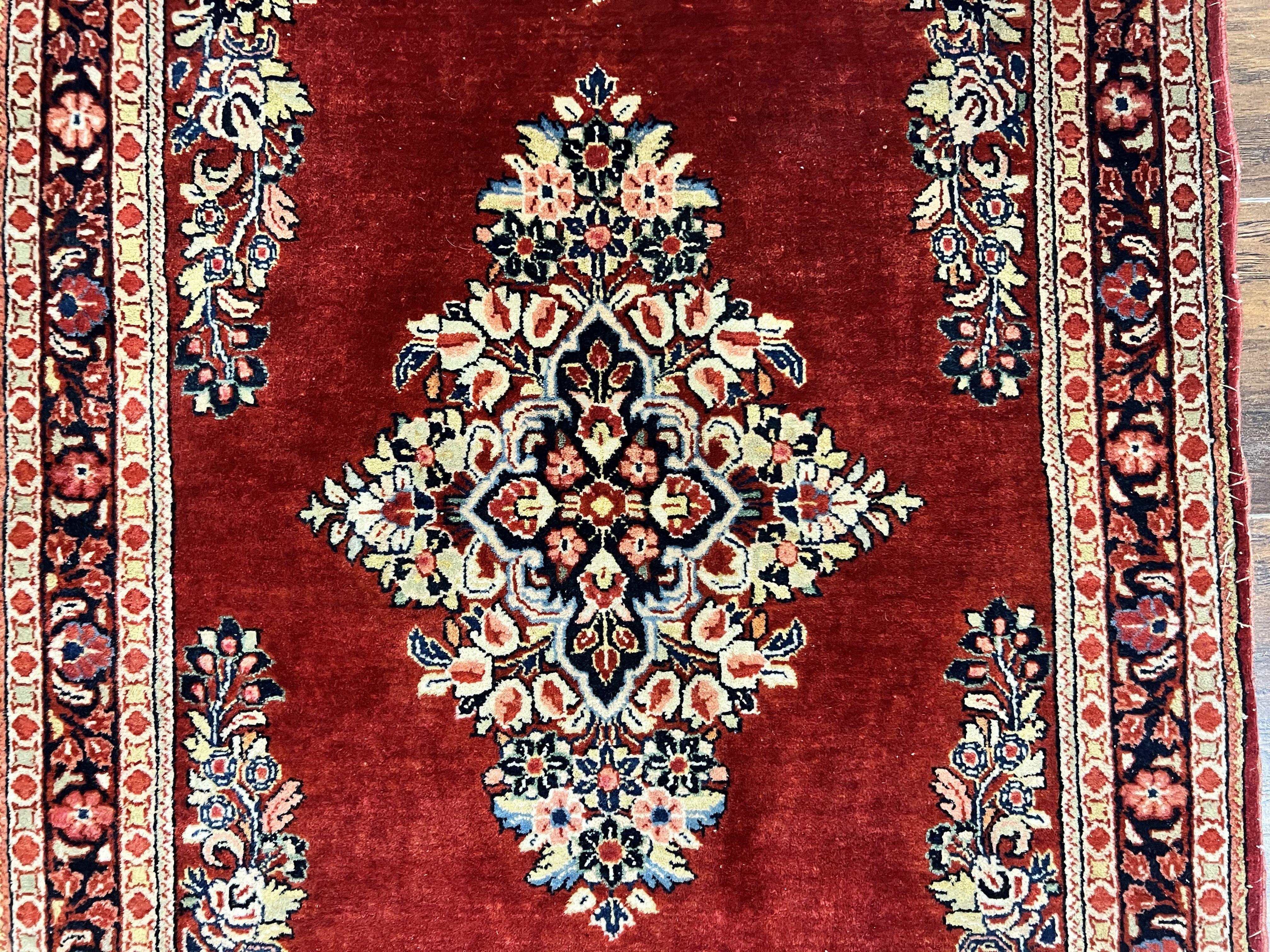 Persian Sarouk Runner Rug 2.7 x 6, Semi Open Field, Red, Handmade Hand Knotted, Wool Oriental Carpet, Vintage Semi Antique - Jewel Rugs