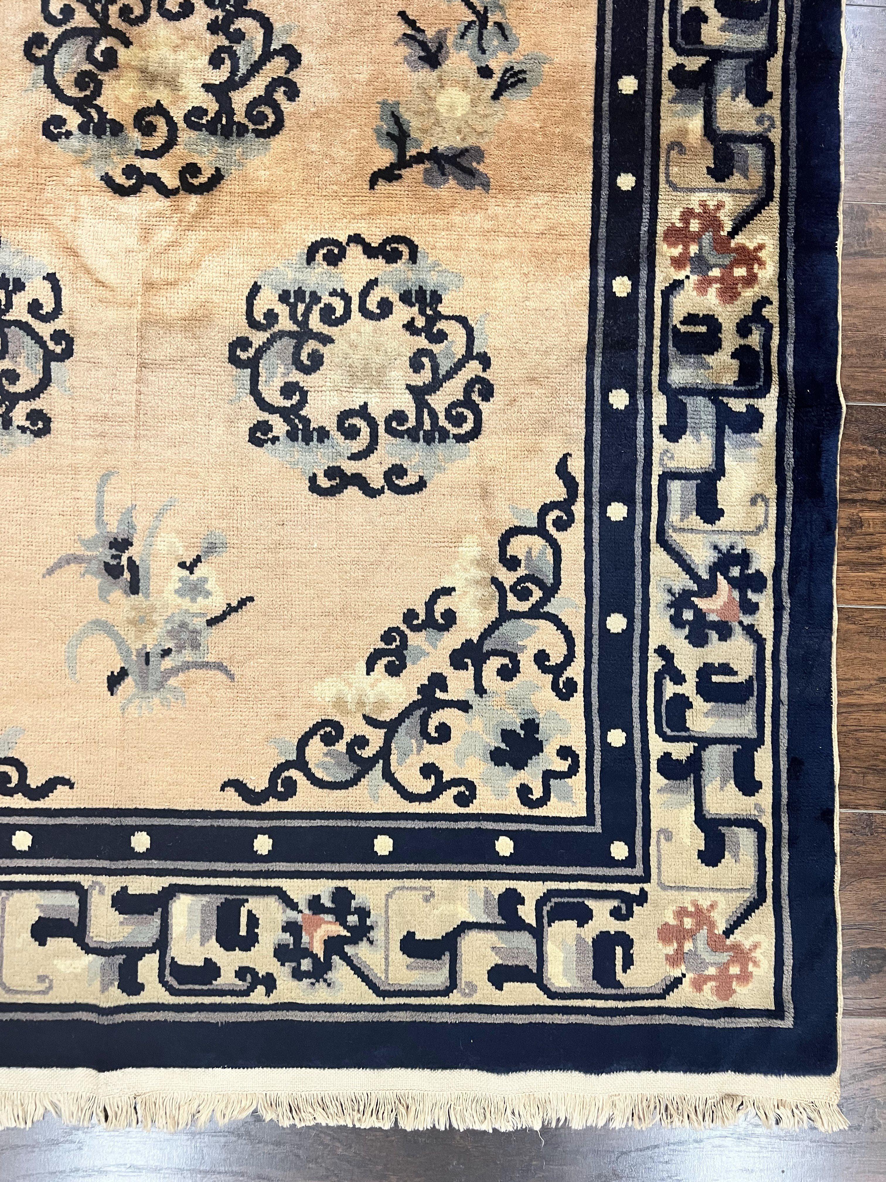 Chinese Peking Rug 4x6, Wool Hand Knotted Handmade Vintage Semi Antique Carpet, Semi Open Field, Light Peach & Navy Blue, Art Deco Rug - Jewel Rugs