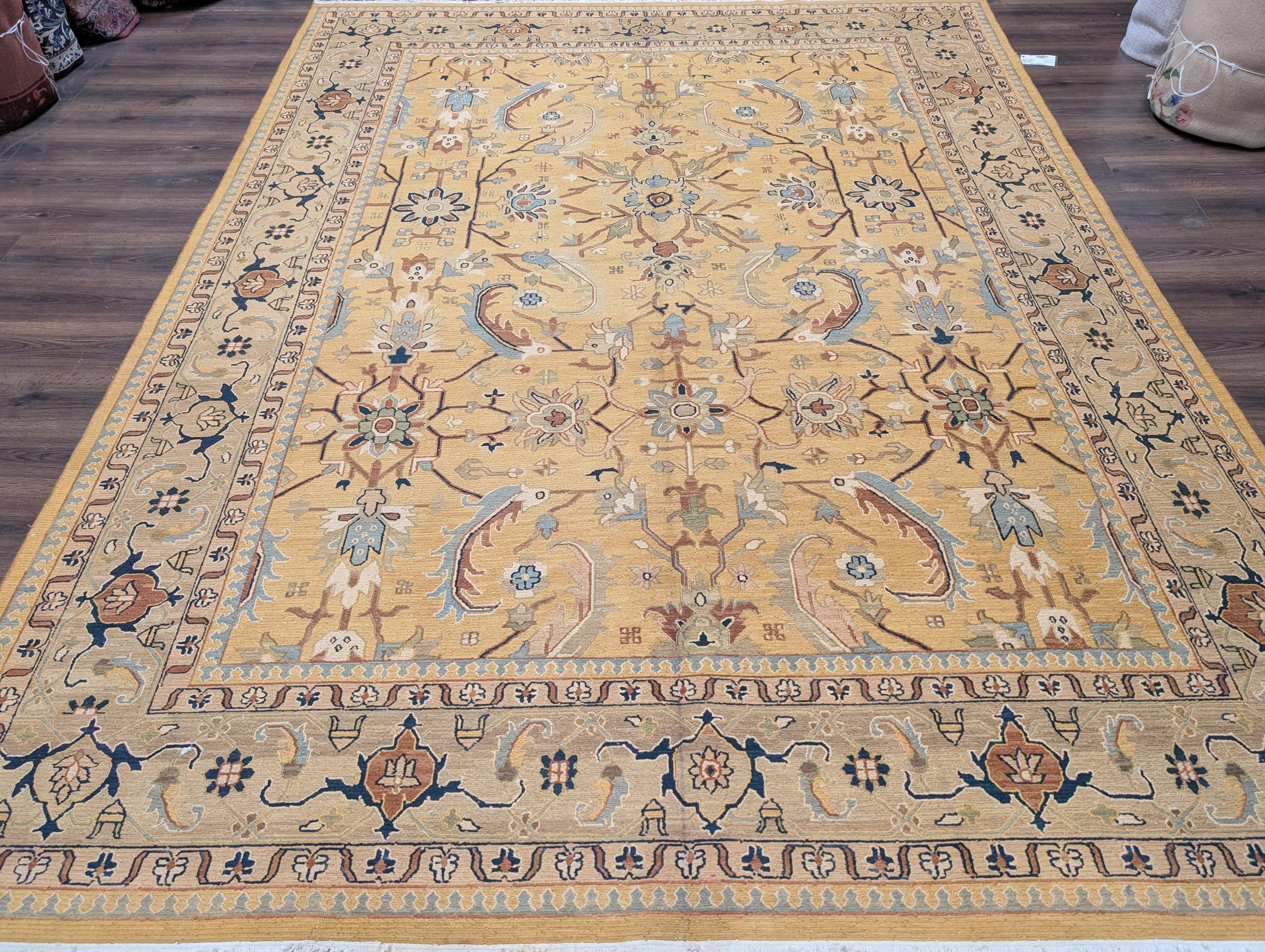 Indian Sultanabad Soumak Kilim 9x11, Hand-Woven Wool Light Yellow Carpet - Jewel Rugs