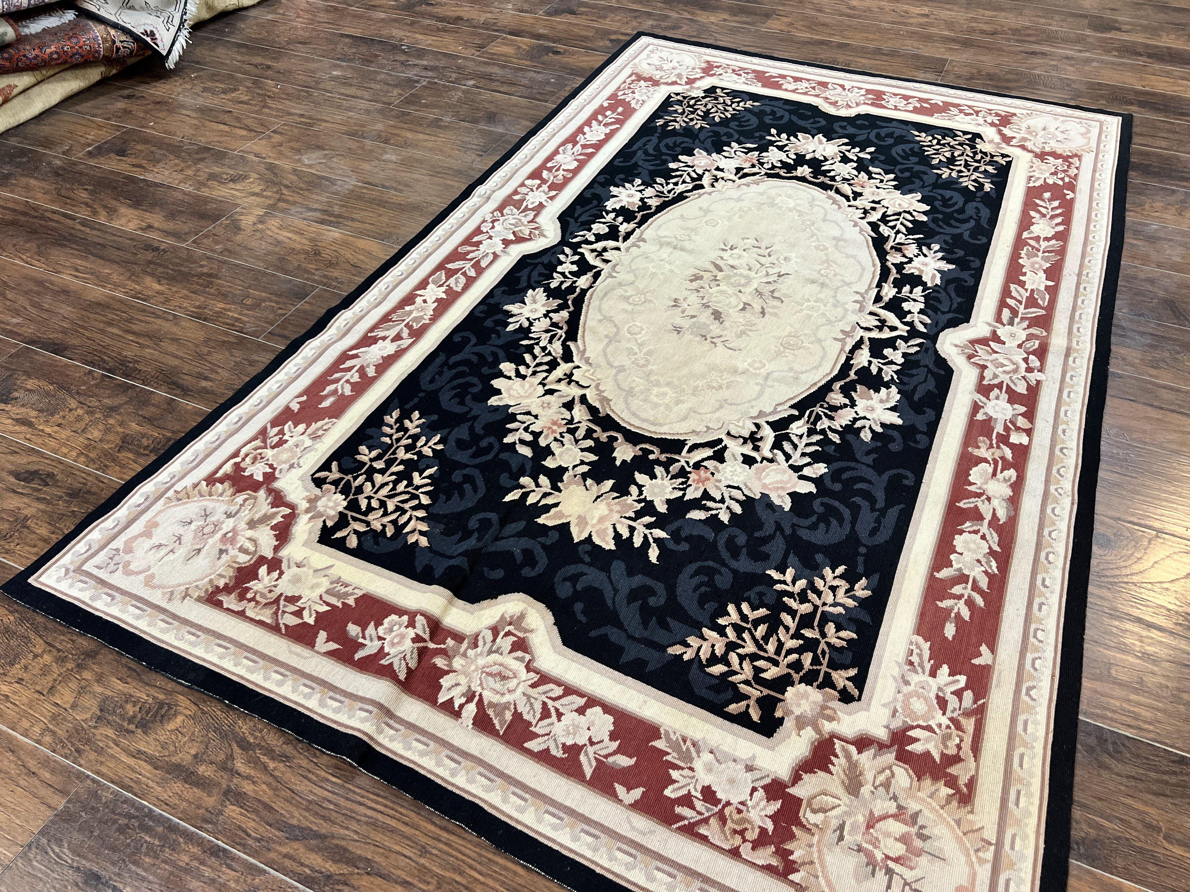 Needlepoint Rug 5x8, Wool Handmade Vintage European Design Carpet, Black & Maroon, French Aubusson Pattern Flatweave Rug - Jewel Rugs