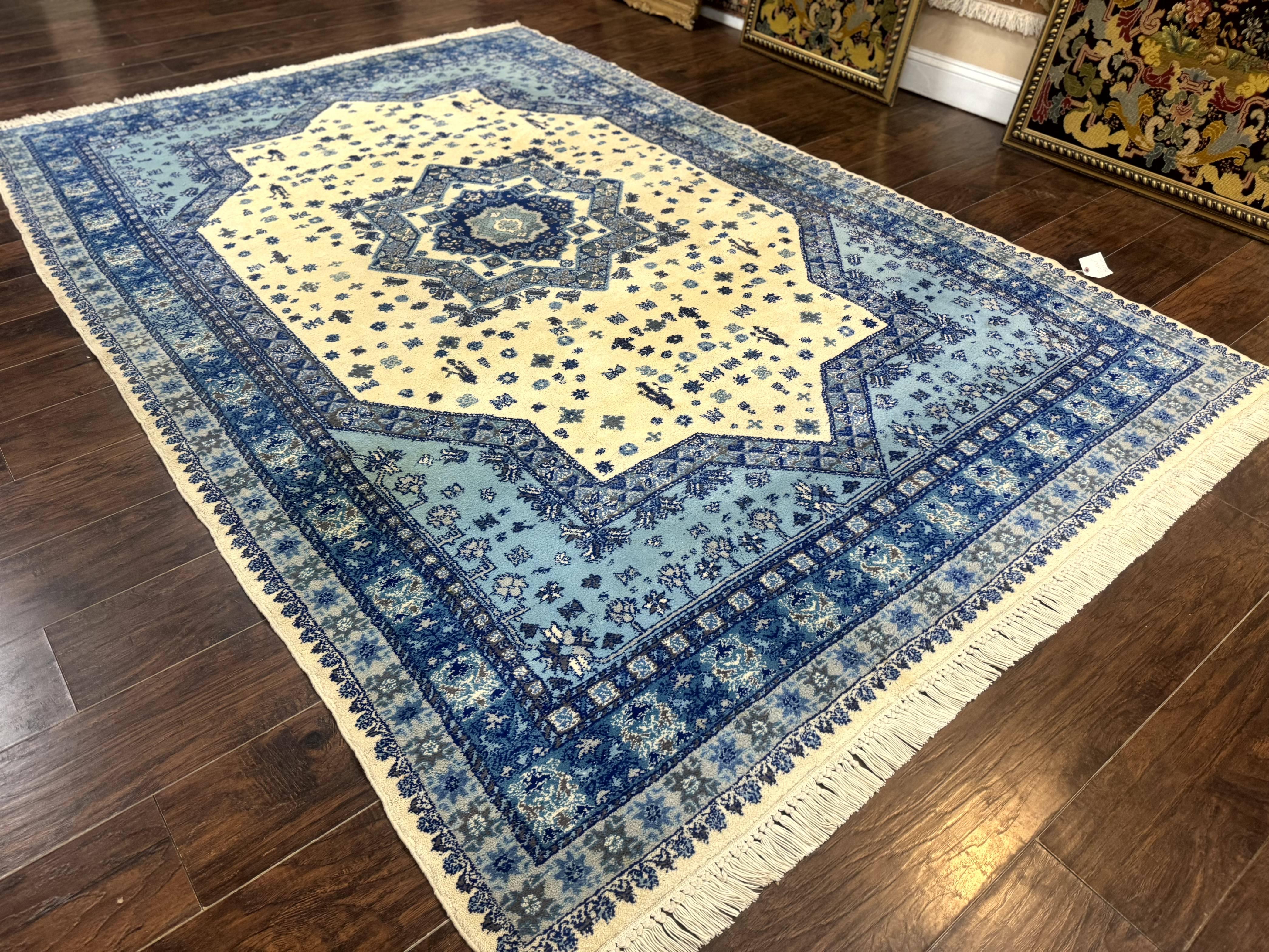 Moroccan Rug 7x10, Geometric Medallion, Blue and Ivory - Jewel Rugs