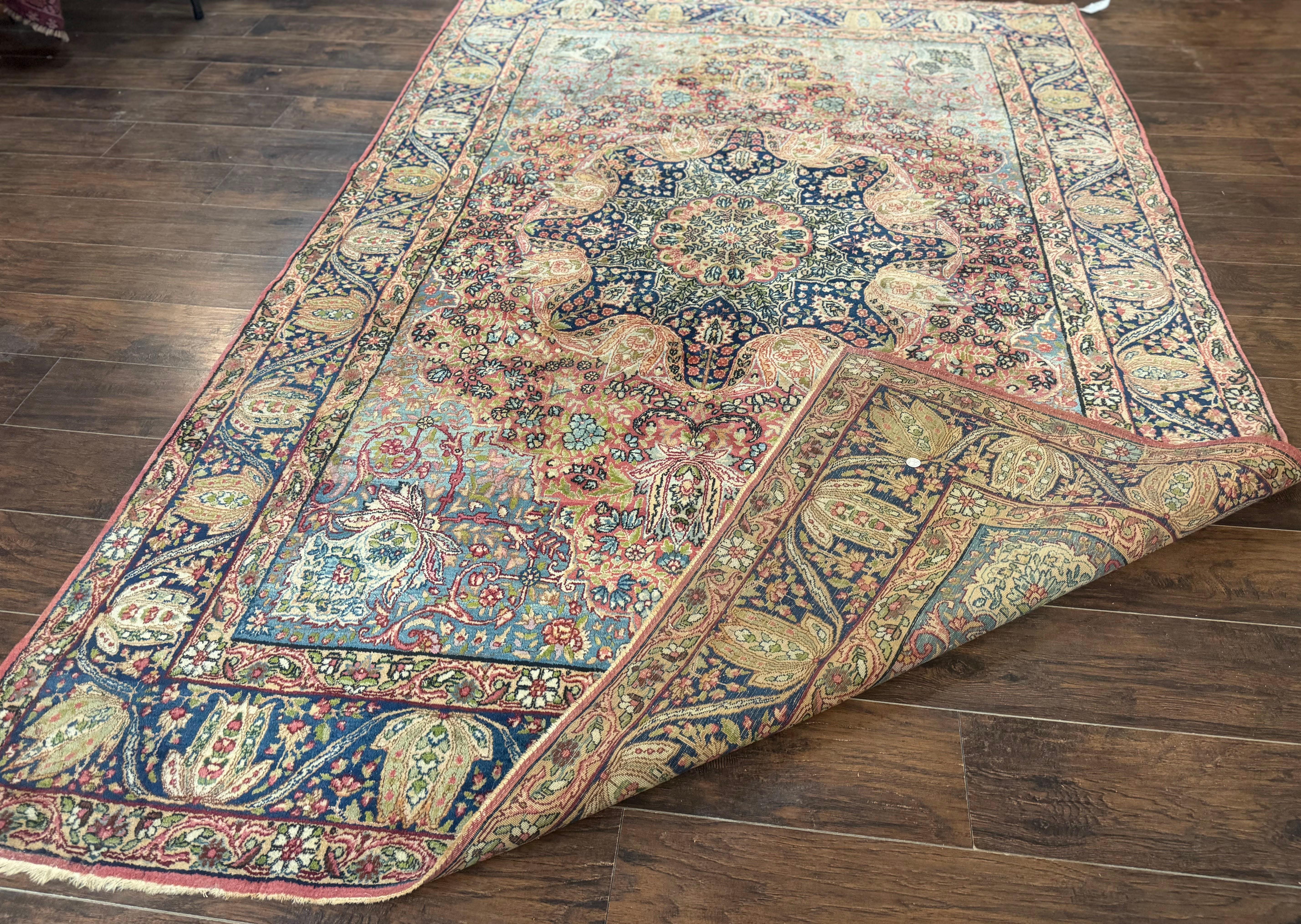 Antique Persian Kerman Lavar Rug 6x10, Colorful Navy Blue Red Light Blue, Floral, Multicolor, Very Fine, Handmade, 225 KPSI - Jewel Rugs