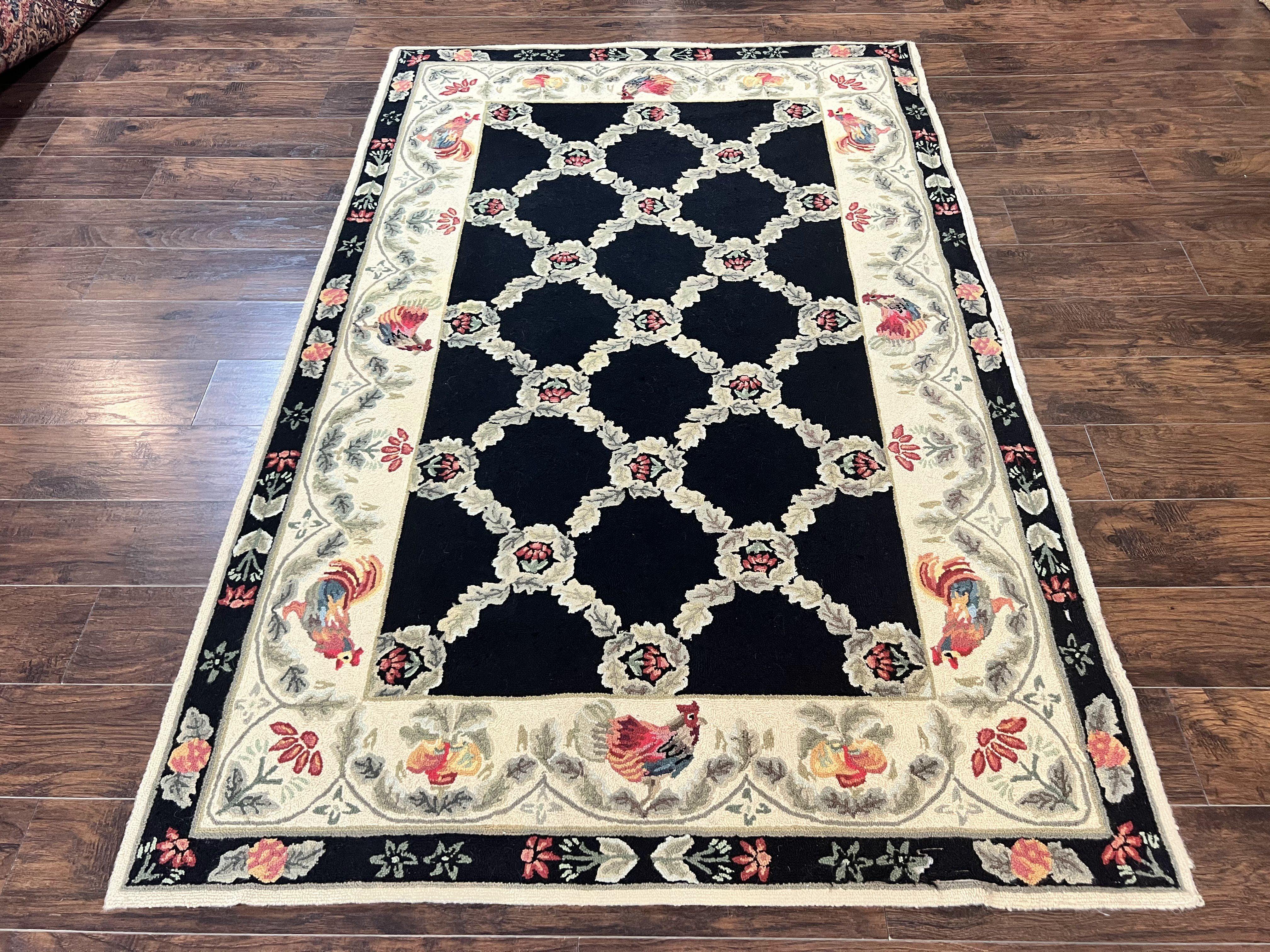 Hooked Rug 5x8, European Aubusson Pattern, Black and Ivory, Roses & Roosters, Vintage Wool Rug - Jewel Rugs