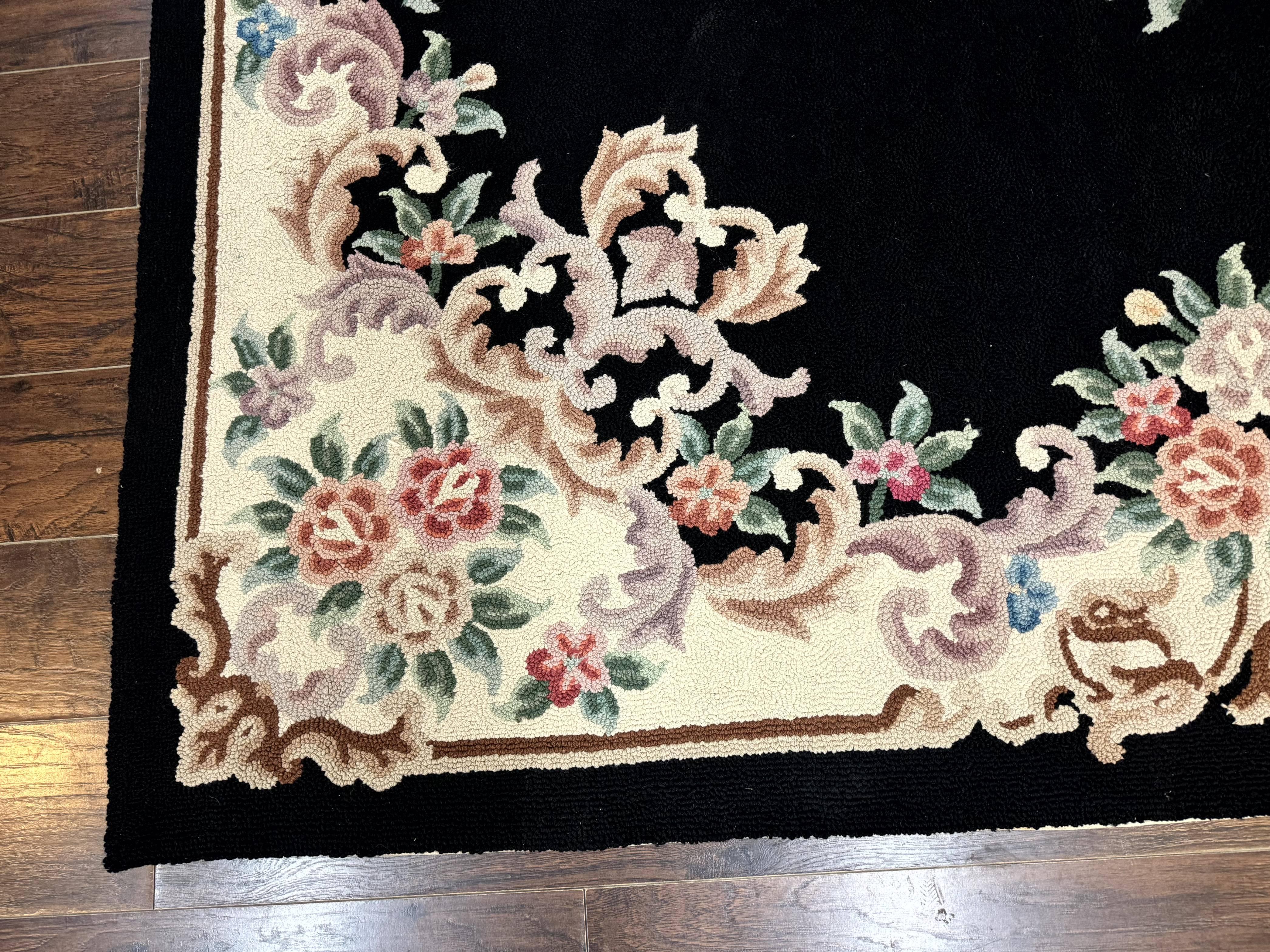Aubusson Rug 8x11, Black and Ivory, Hooked Rug, Vintage, Wool - Jewel Rugs