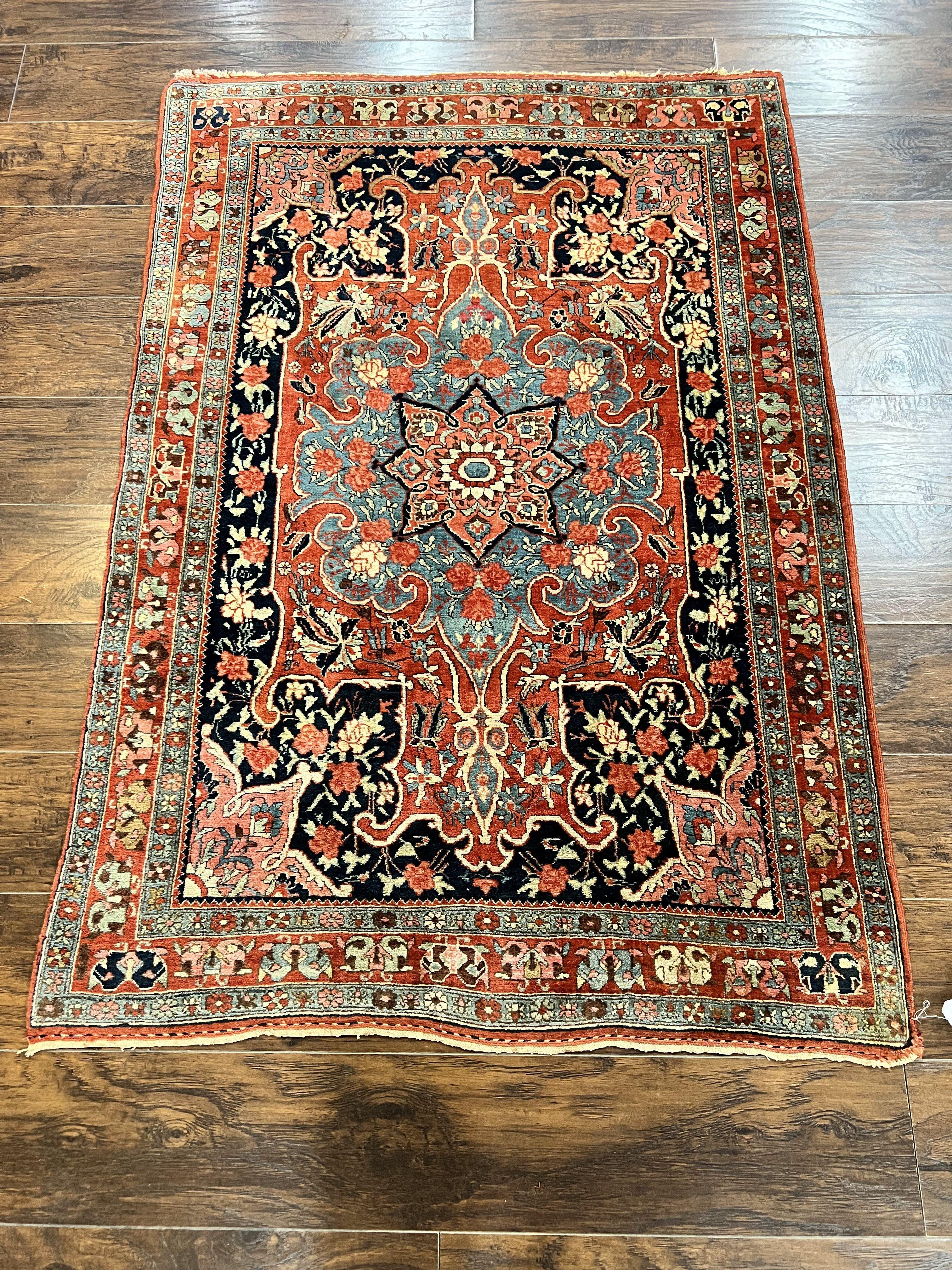 Antique Persian Bidjar Rug 4x5, Red and Blue, Hand Knotted Wool Carpet - Jewel Rugs