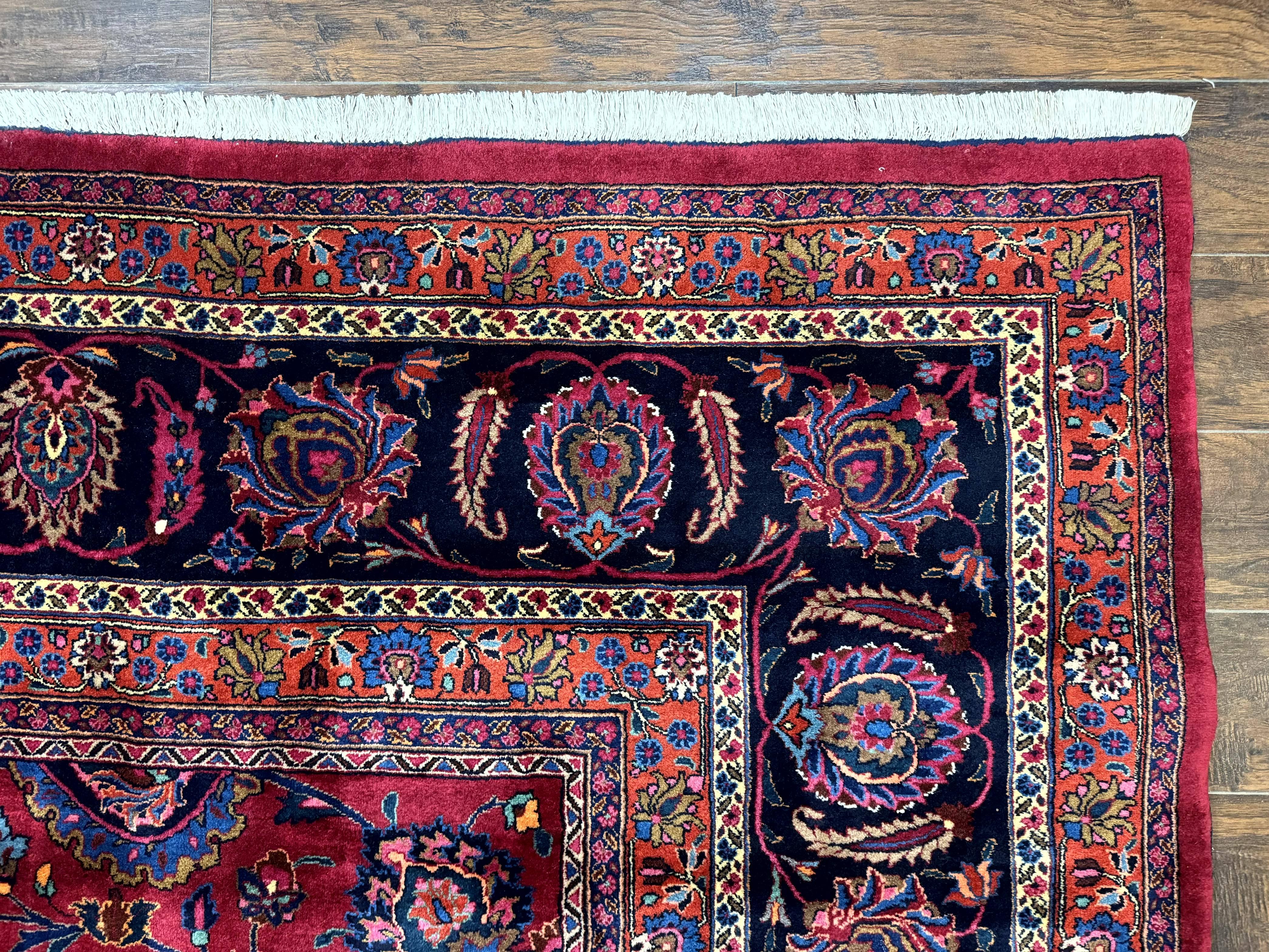 Palace Size Persian Mashad Rug 12x16, Raspberry and Navy Blue, Signature from Master Weaver, Antique Handmade Large Wool Carpet - Jewel Rugs