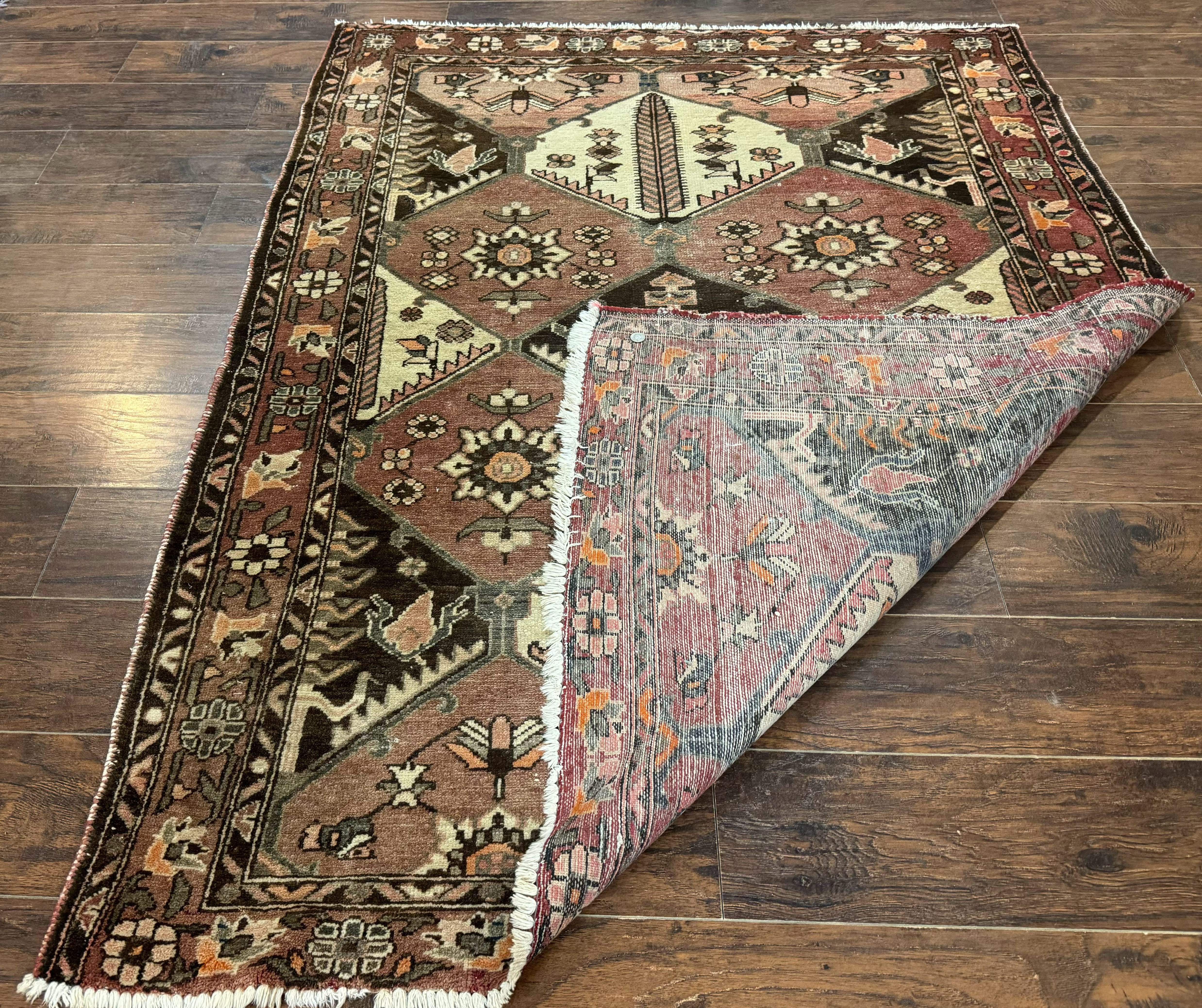 Persian Bakhtiari Rug 5x7 – Muted Rose and Cream, Wool Tribal Carpet, Geometric Panel Design - Jewel Rugs